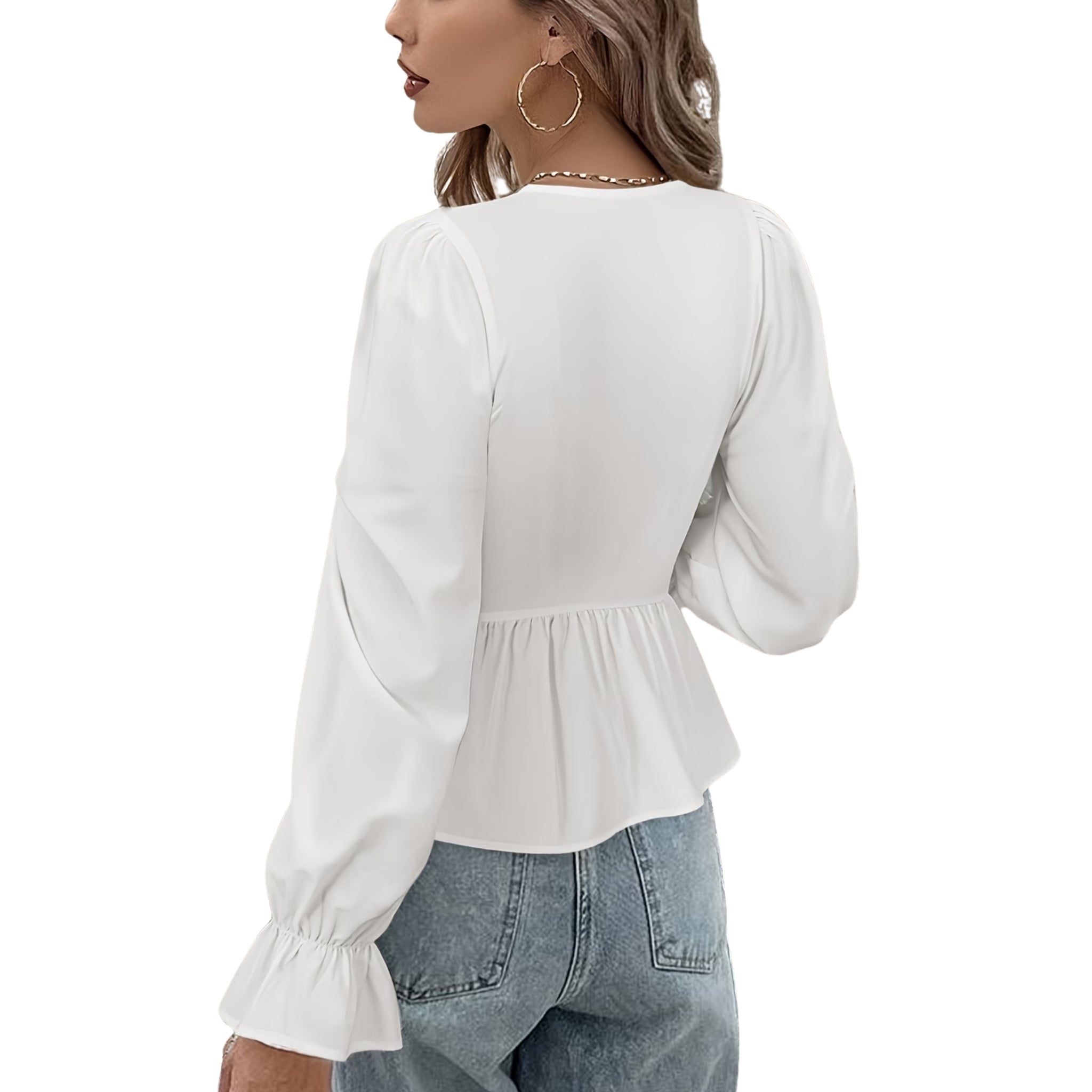 Women’s Long-Sleeve Tie-Front Blouse with Gathered Cuffs