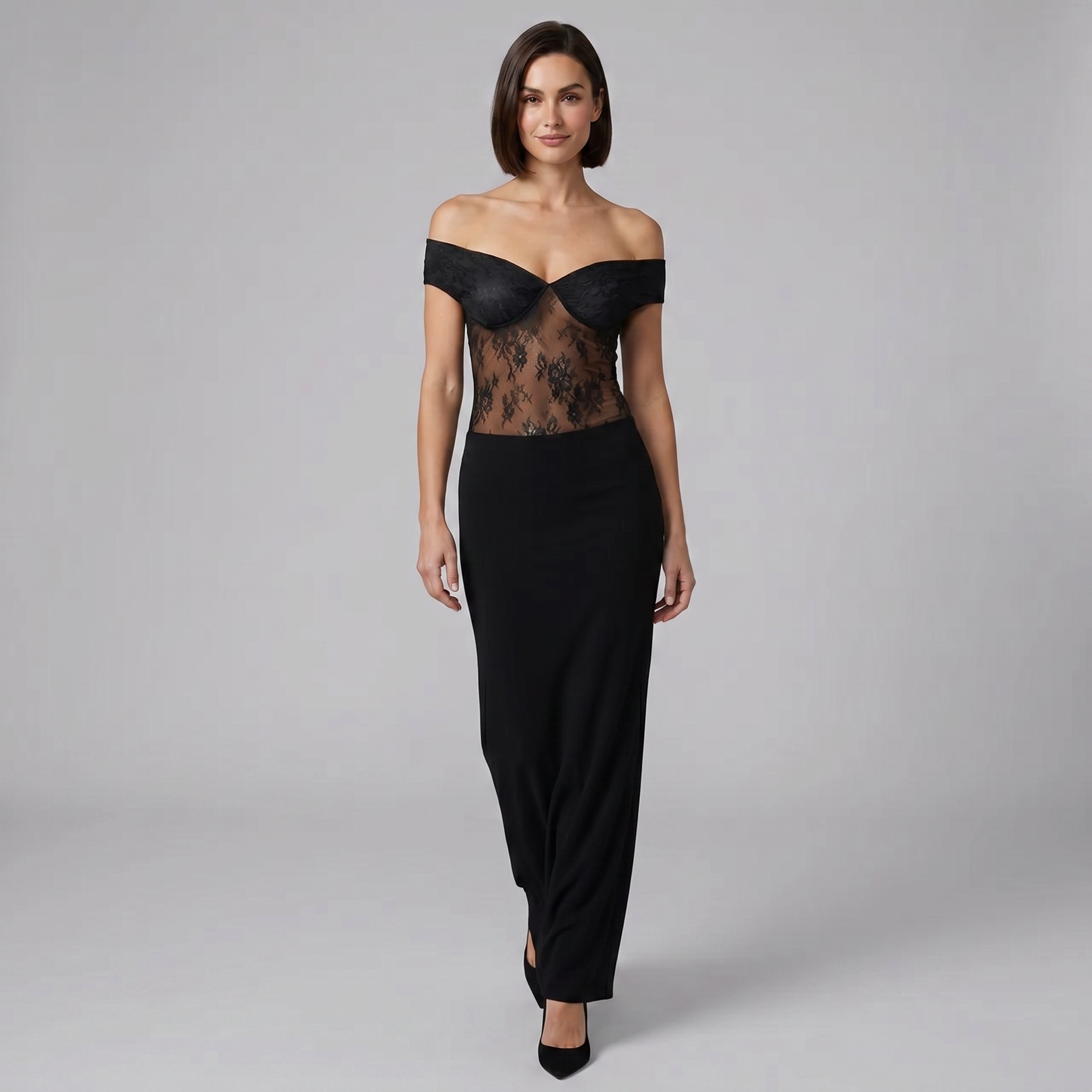 Women’s Off-The-Shoulder Maxi Dress with Sheer Lace Bodice