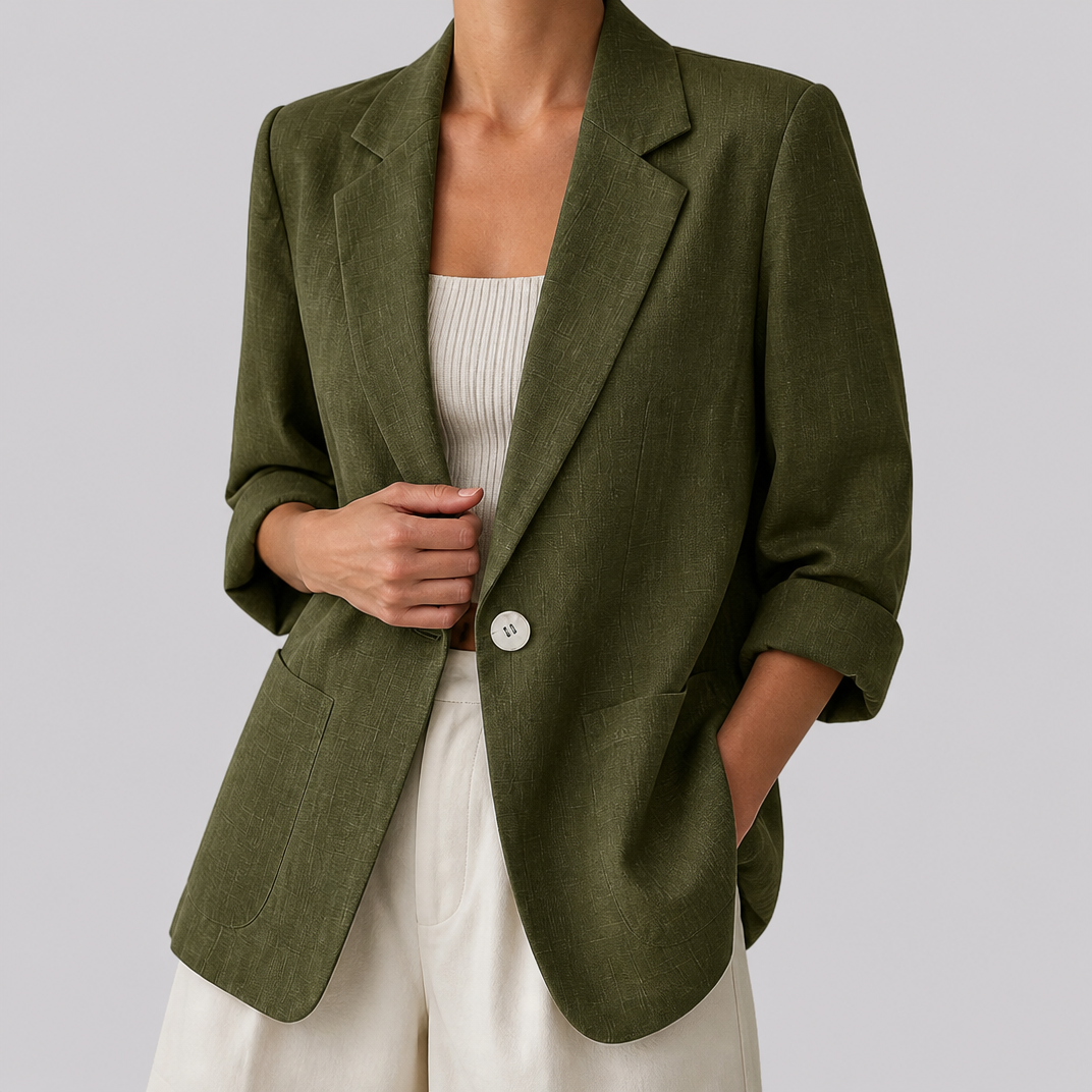 Women's Olive Green Slub Linen Single-Breasted Blazer