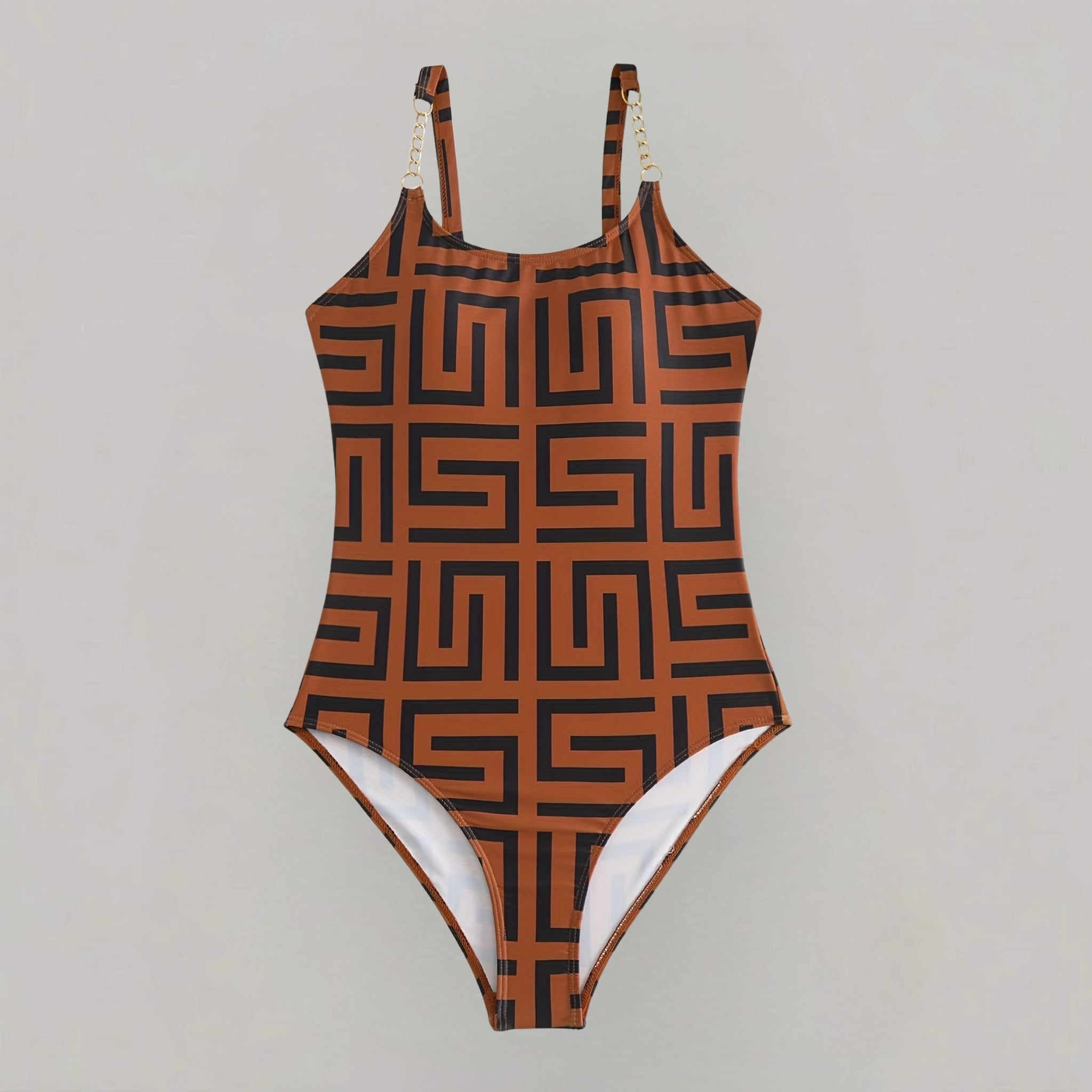 Women’s One-Piece Swimsuit with Geometric Print and Chain Detail