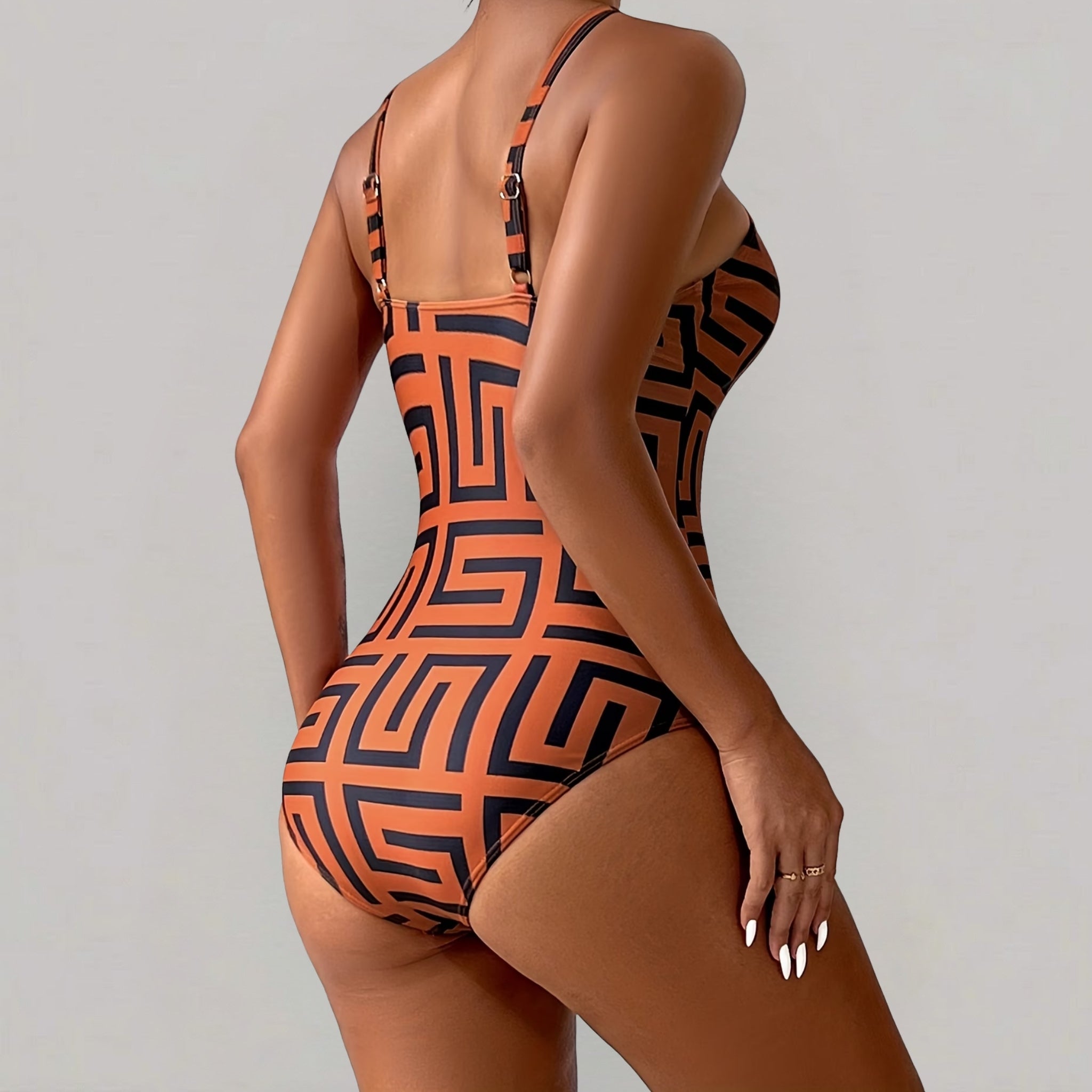 Women’s One-Piece Swimsuit with Geometric Print and Chain Detail