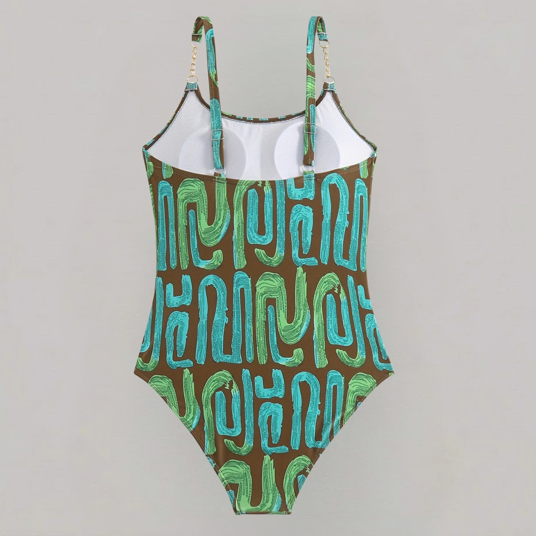 Women’s One-Piece Swimsuit with Geometric Print and Chain Detail