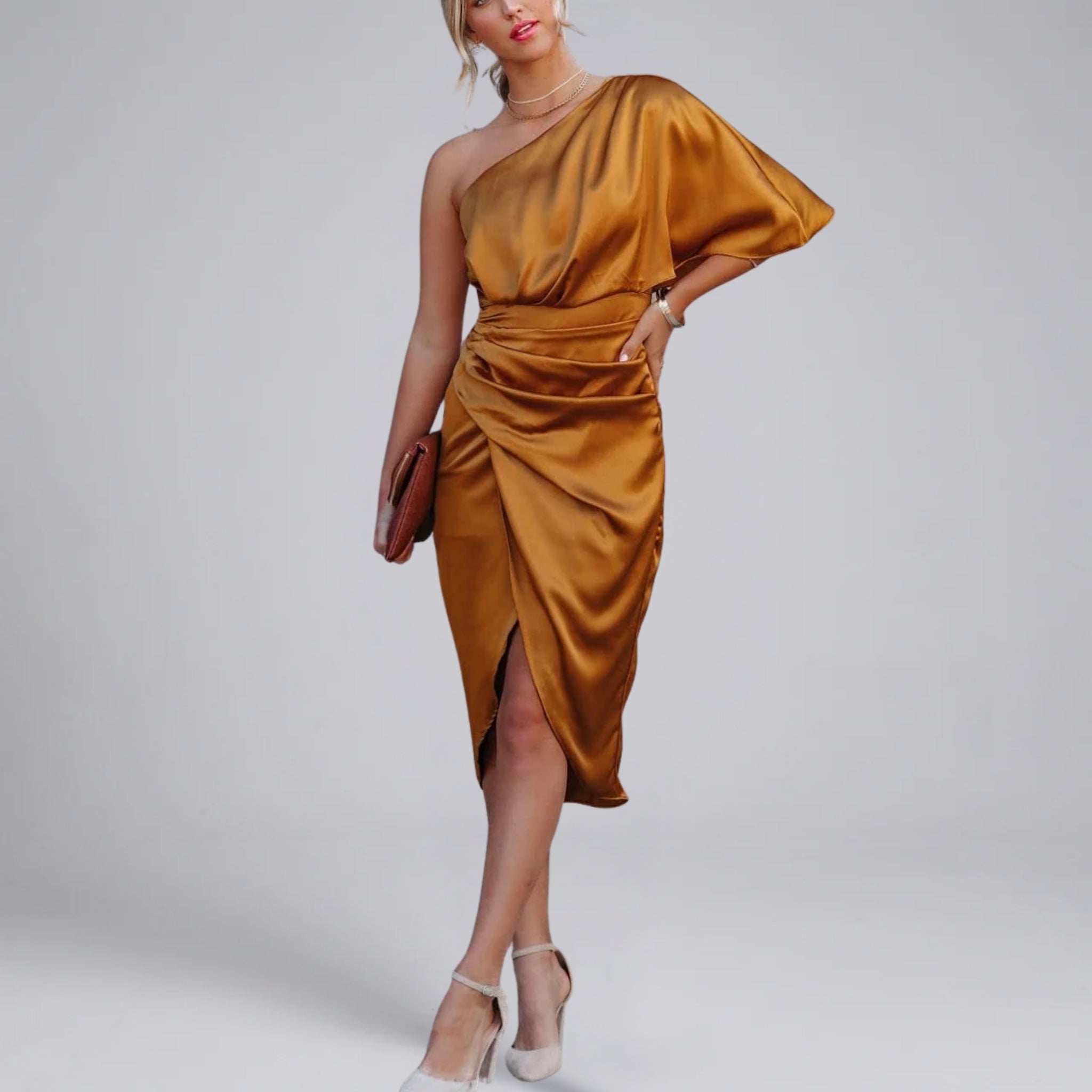 Women’s One-Shoulder Asymmetrical Satin Dress with Ruched Waist