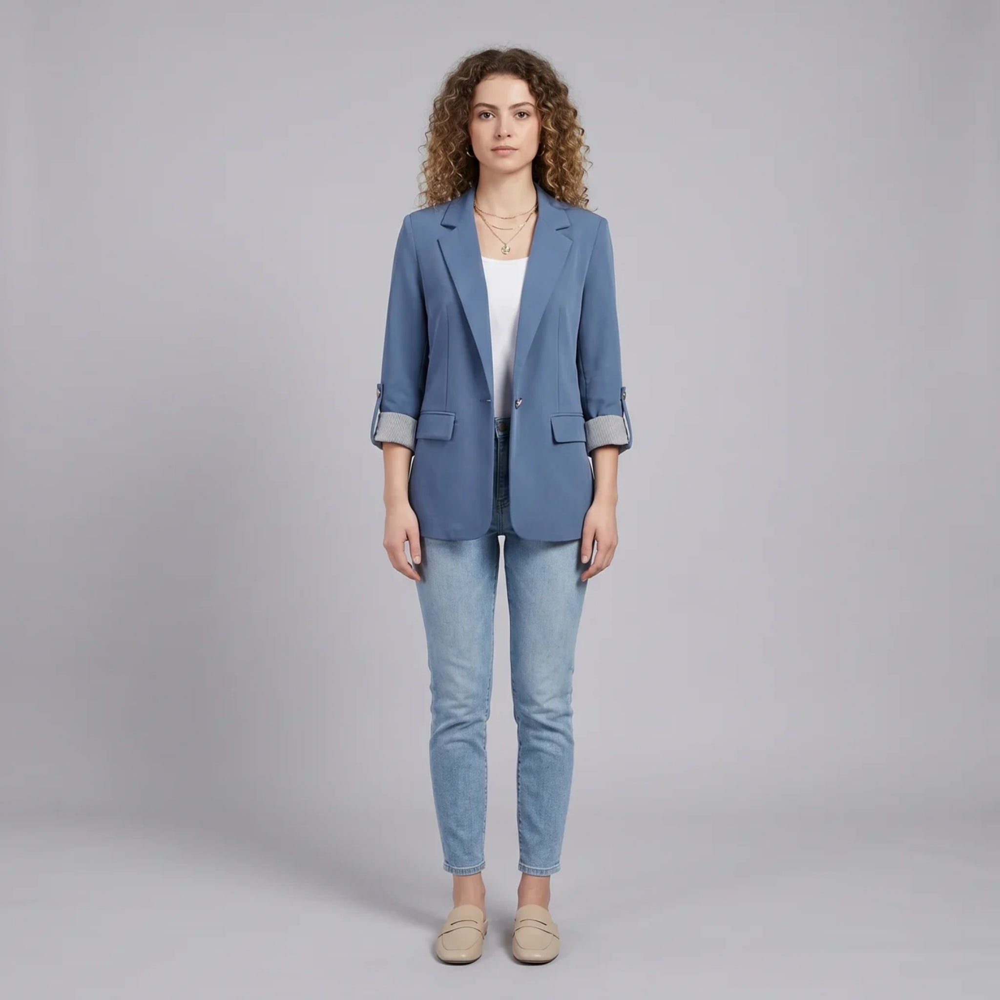 Women’s Open-Front Blazer with Ruched Sleeves and Striped Lining