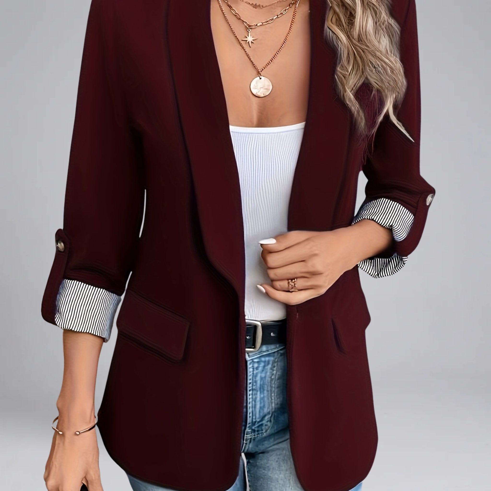 Women’s Open-Front Blazer with Ruched Sleeves and Striped Lining