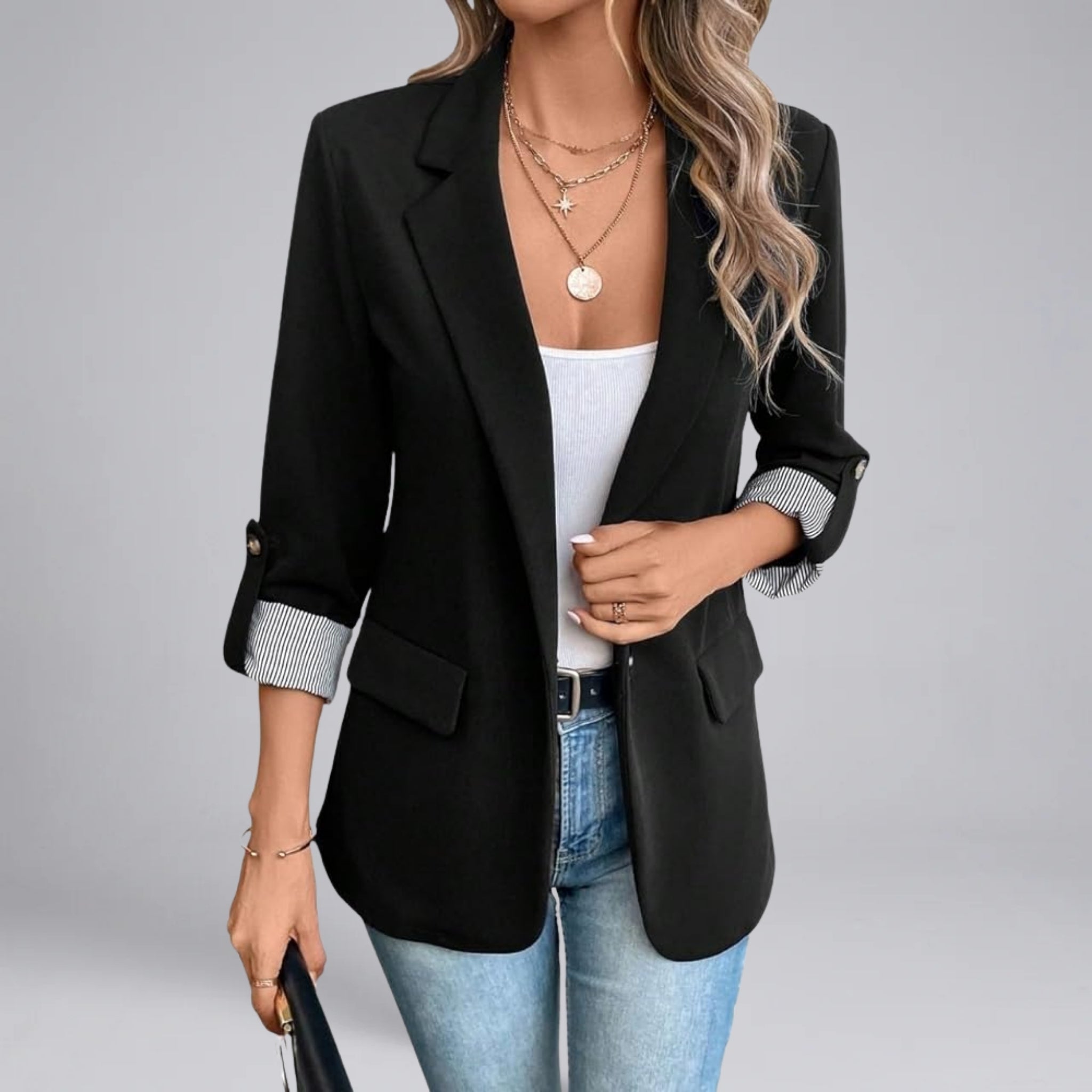 Women’s Open-Front Blazer with Ruched Sleeves and Striped Lining