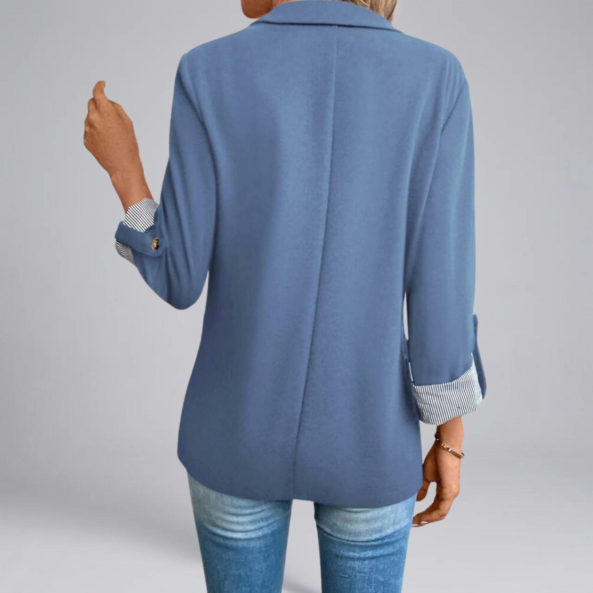 Women’s Open-Front Blazer with Ruched Sleeves and Striped Lining