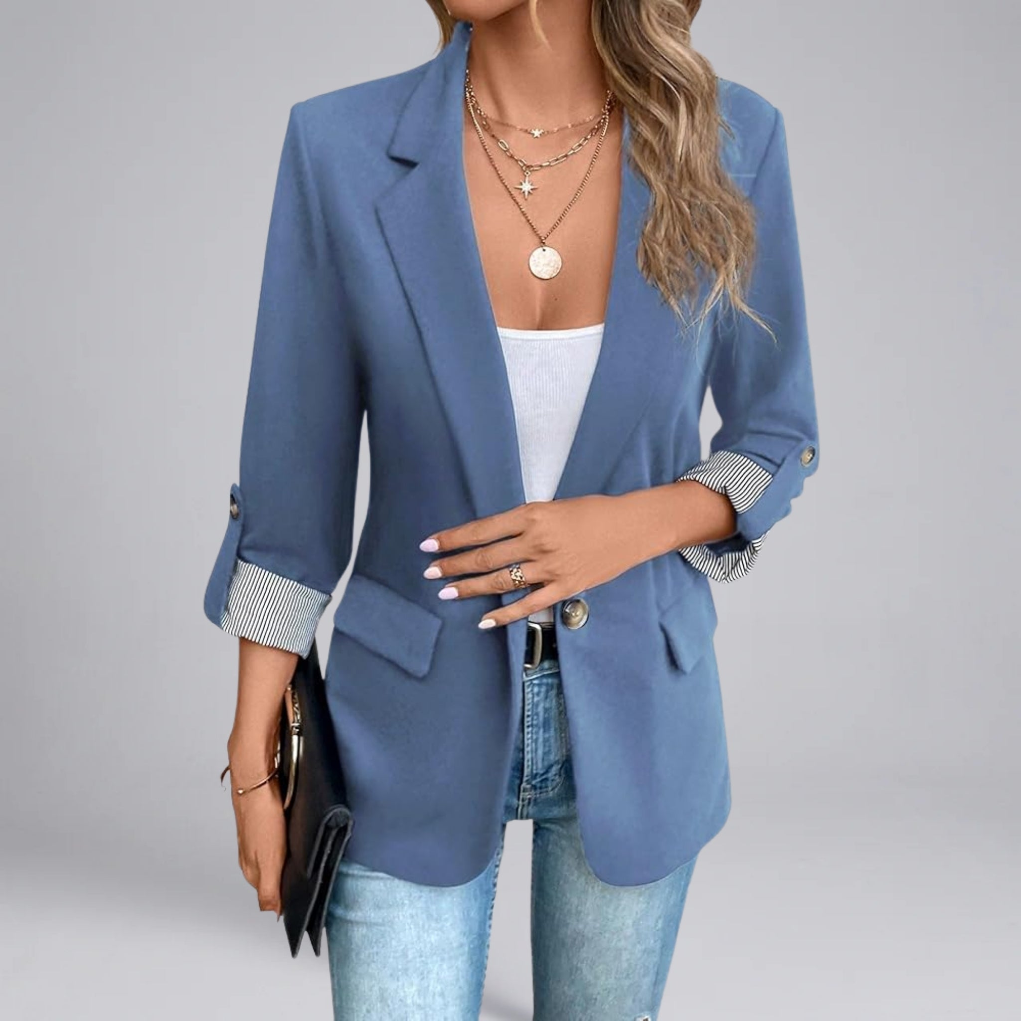 Women’s Open-Front Blazer with Ruched Sleeves and Striped Lining
