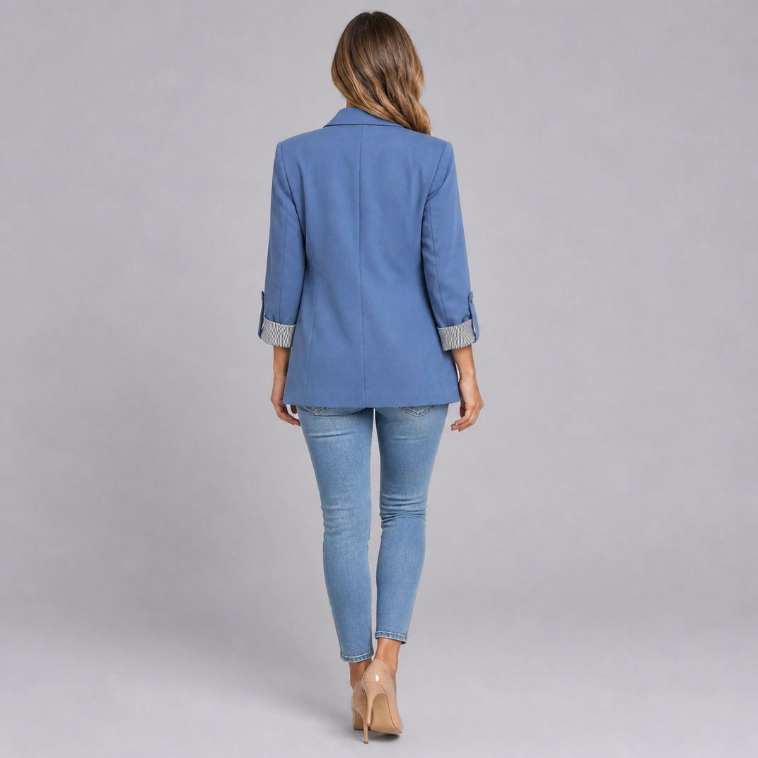 Women’s Open-Front Blazer with Ruched Sleeves and Striped Lining