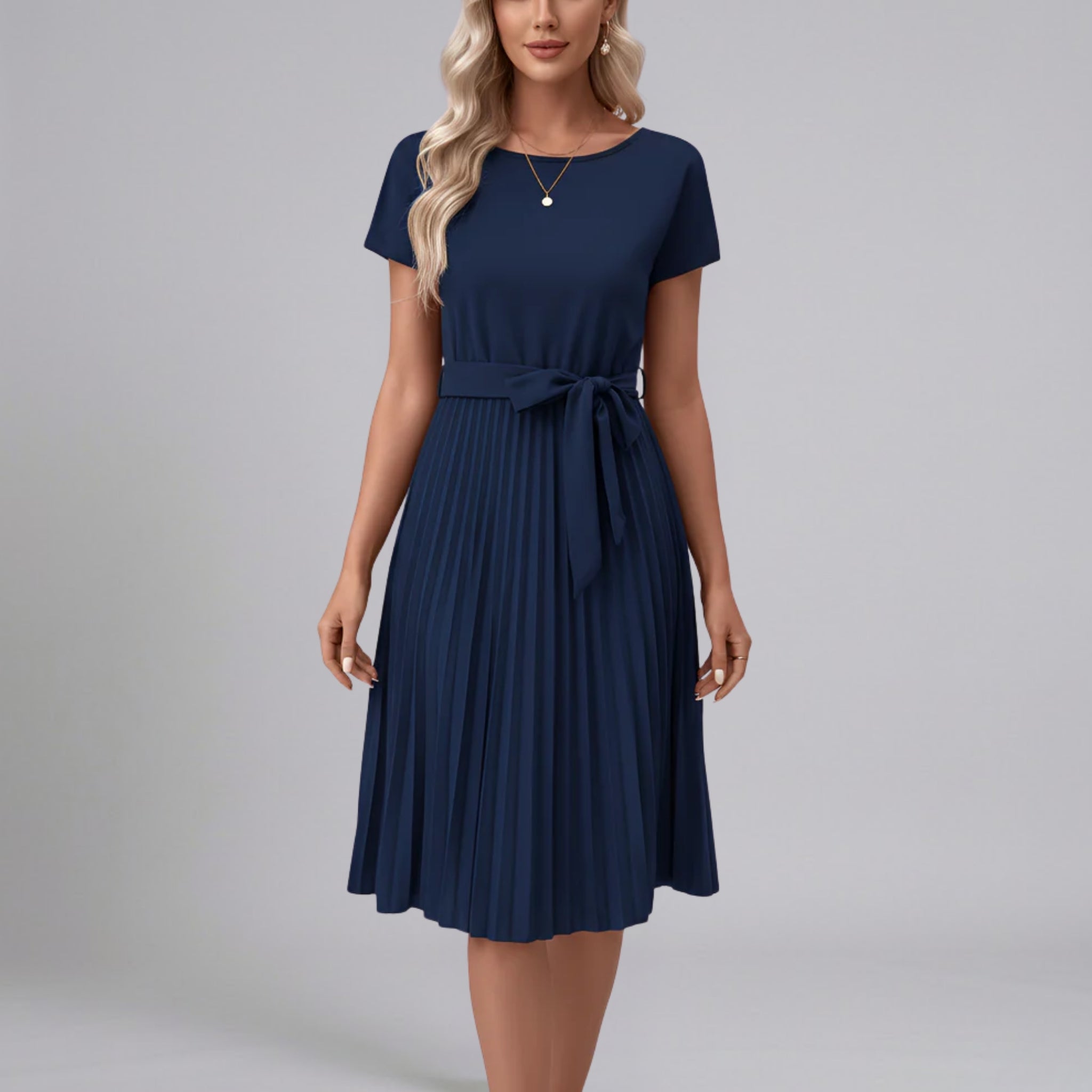 Women’s Pleated Belted Crew-Neck Midi Dress
