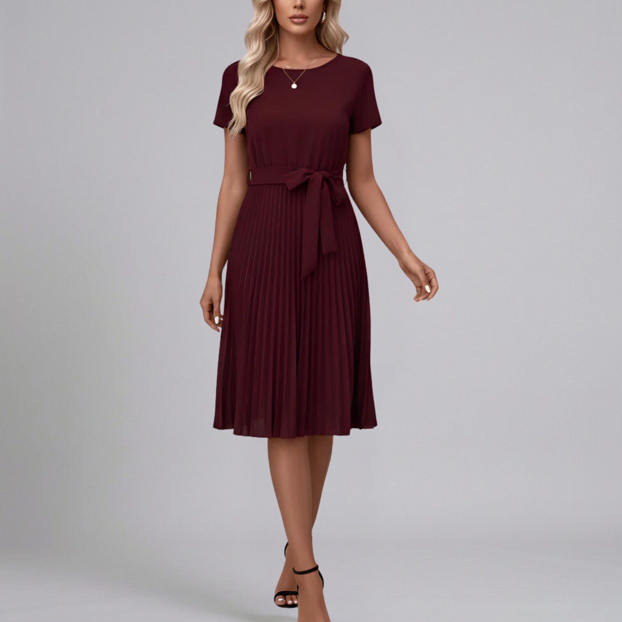 Women’s Pleated Belted Crew-Neck Midi Dress