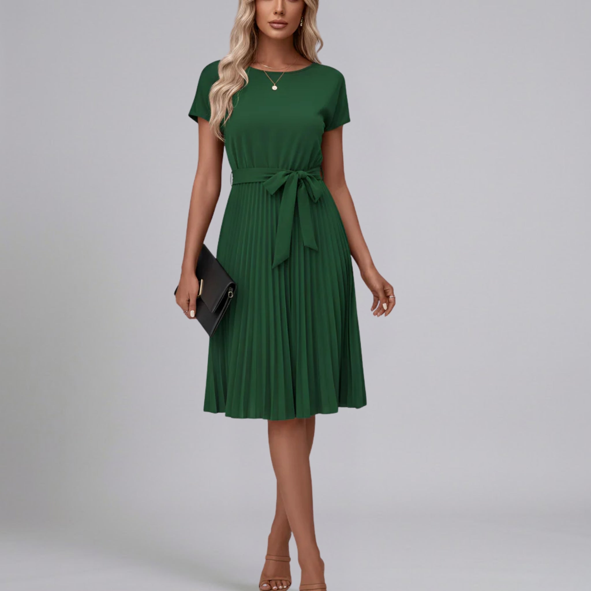 Women’s Pleated Belted Crew-Neck Midi Dress