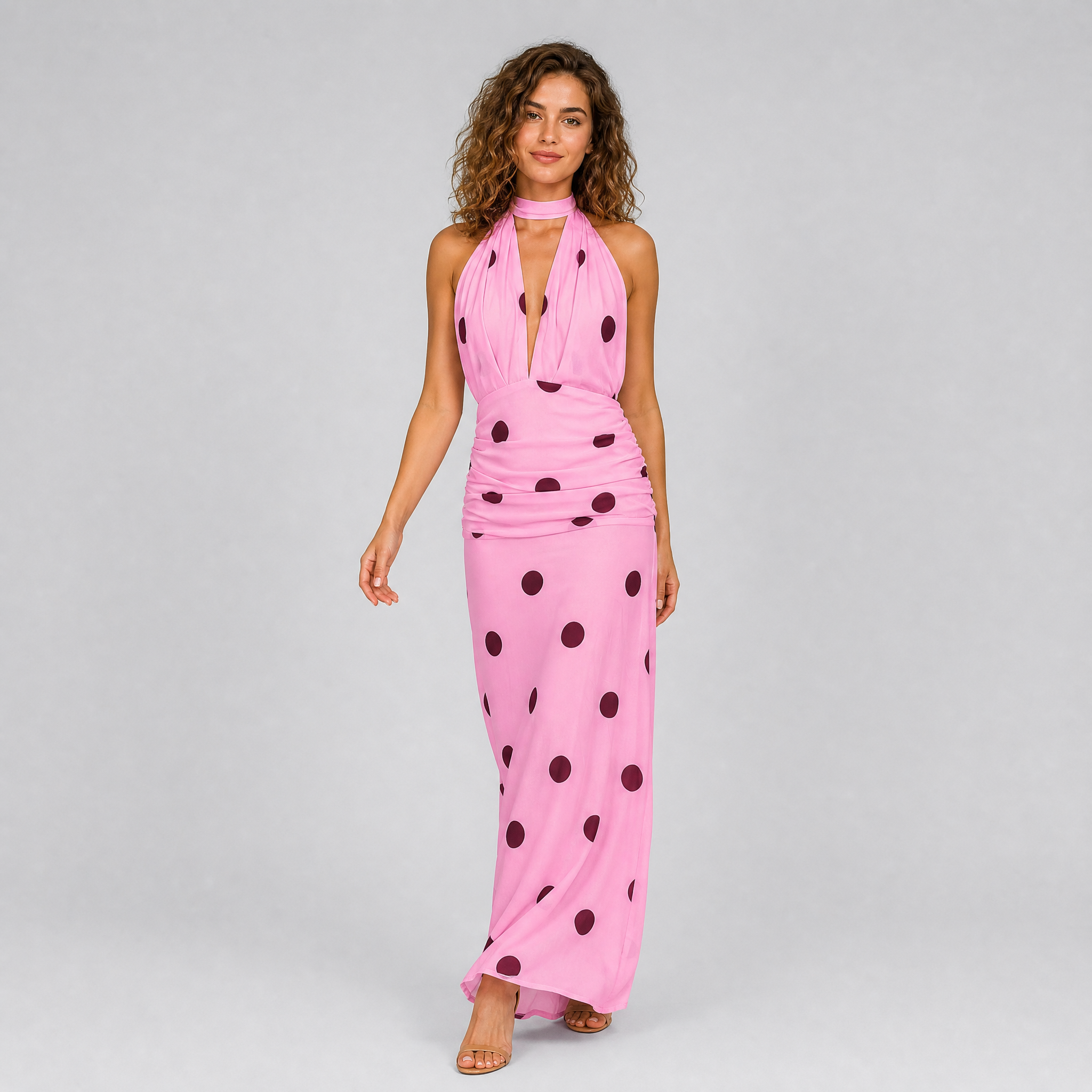 Women's Polka Dot Halter Maxi Dress – Elegant Going Out Dress