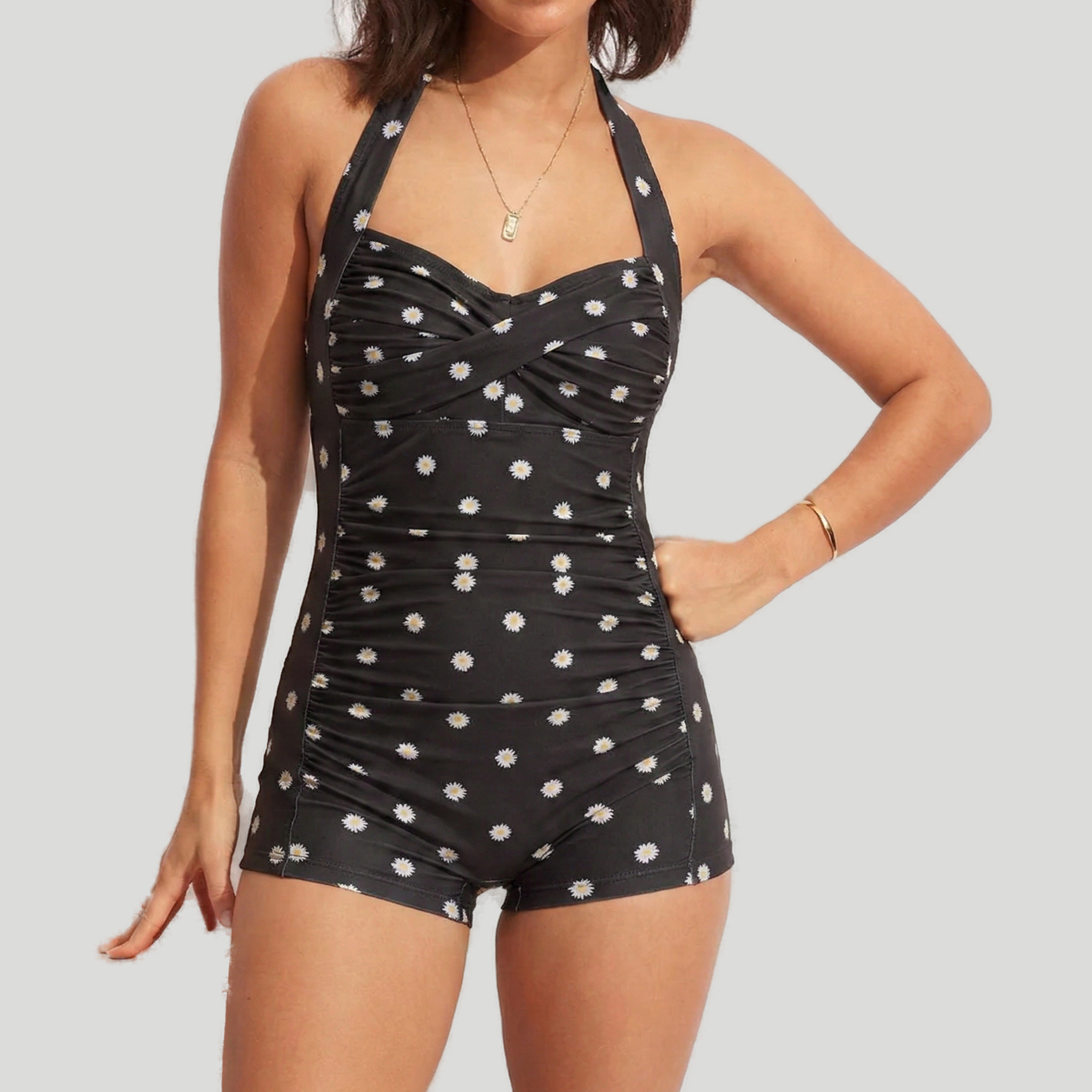 Women’s Polka Dot Ruched Halter-Neck Swimsuit