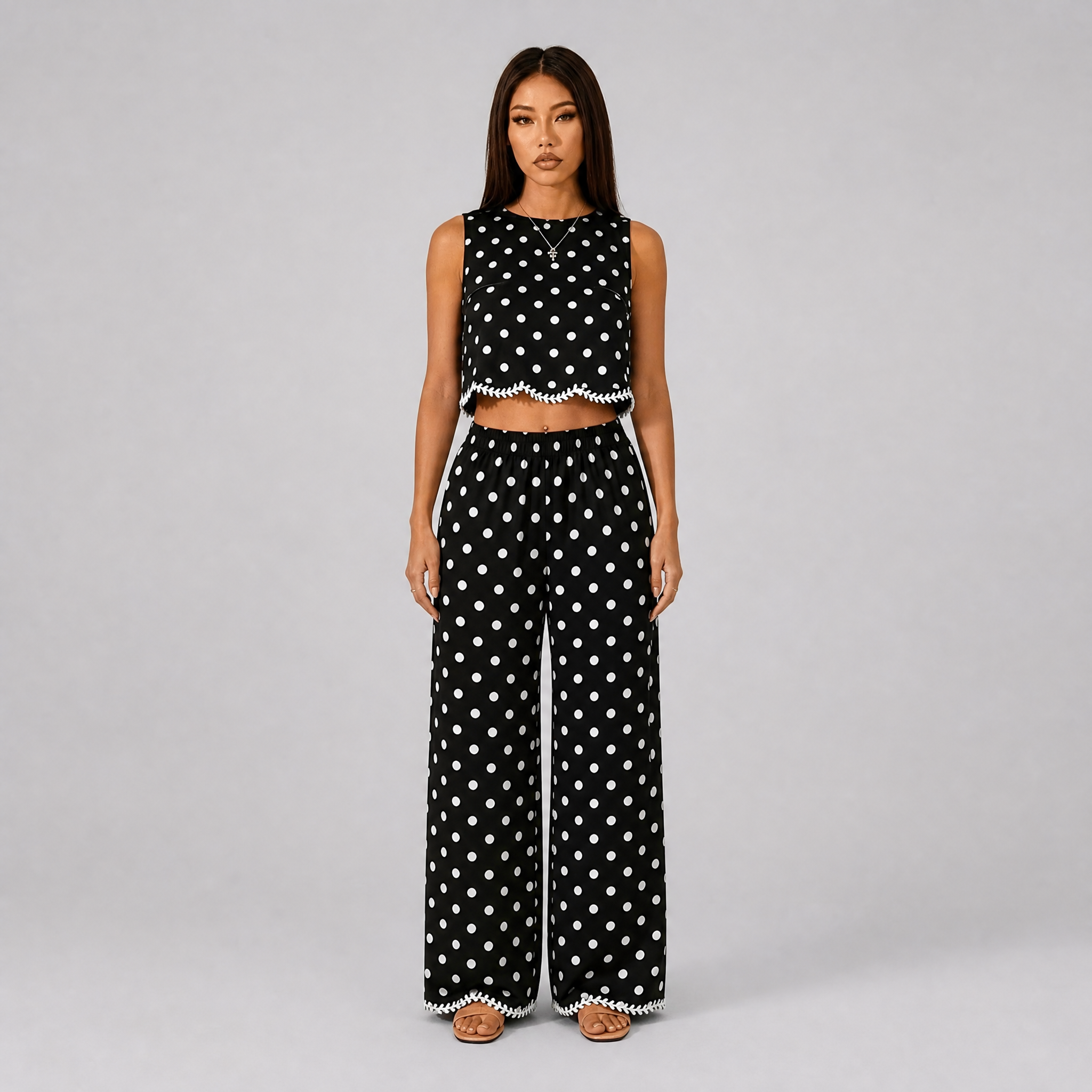Women's Polka Dot Wide Leg Co-ord Set – Crop Top Set Women