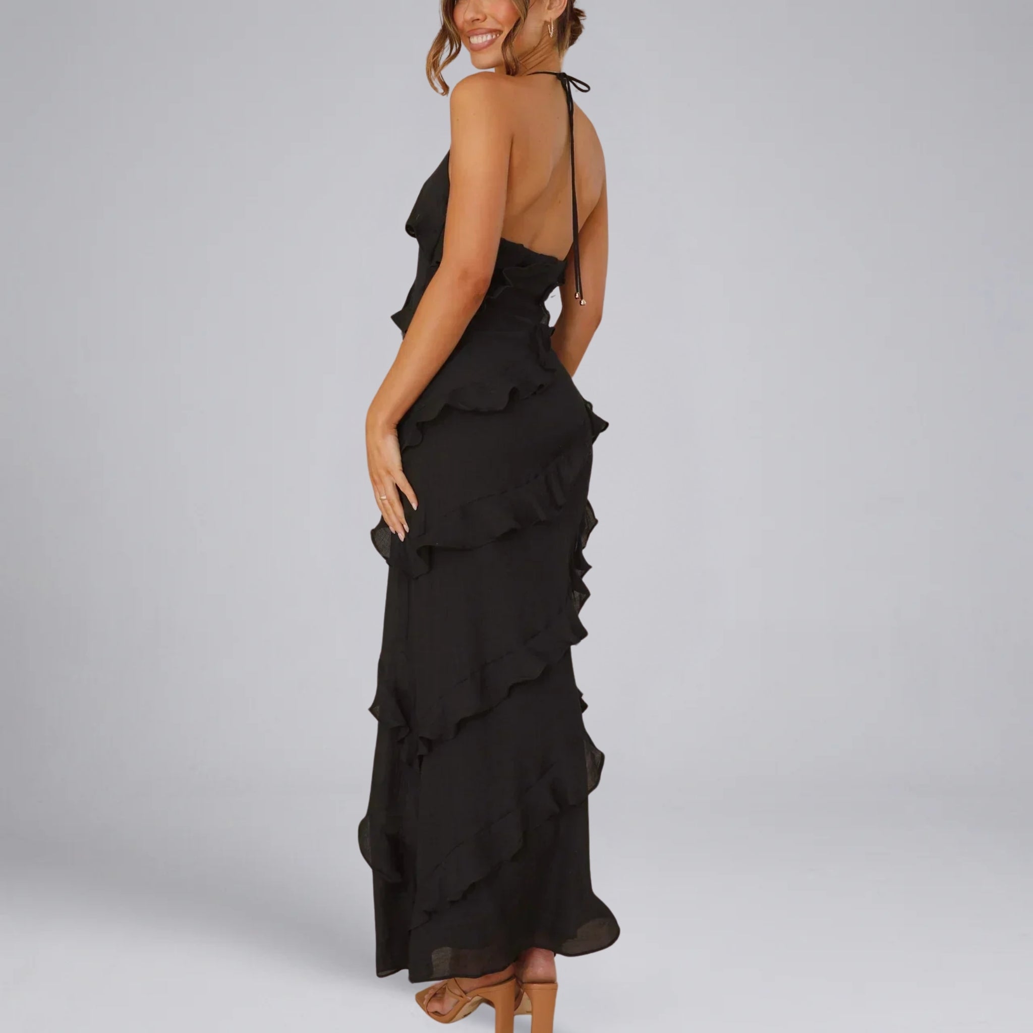 Women’s Ruffled Maxi Dress with Cascading Tiers and Slim Straps
