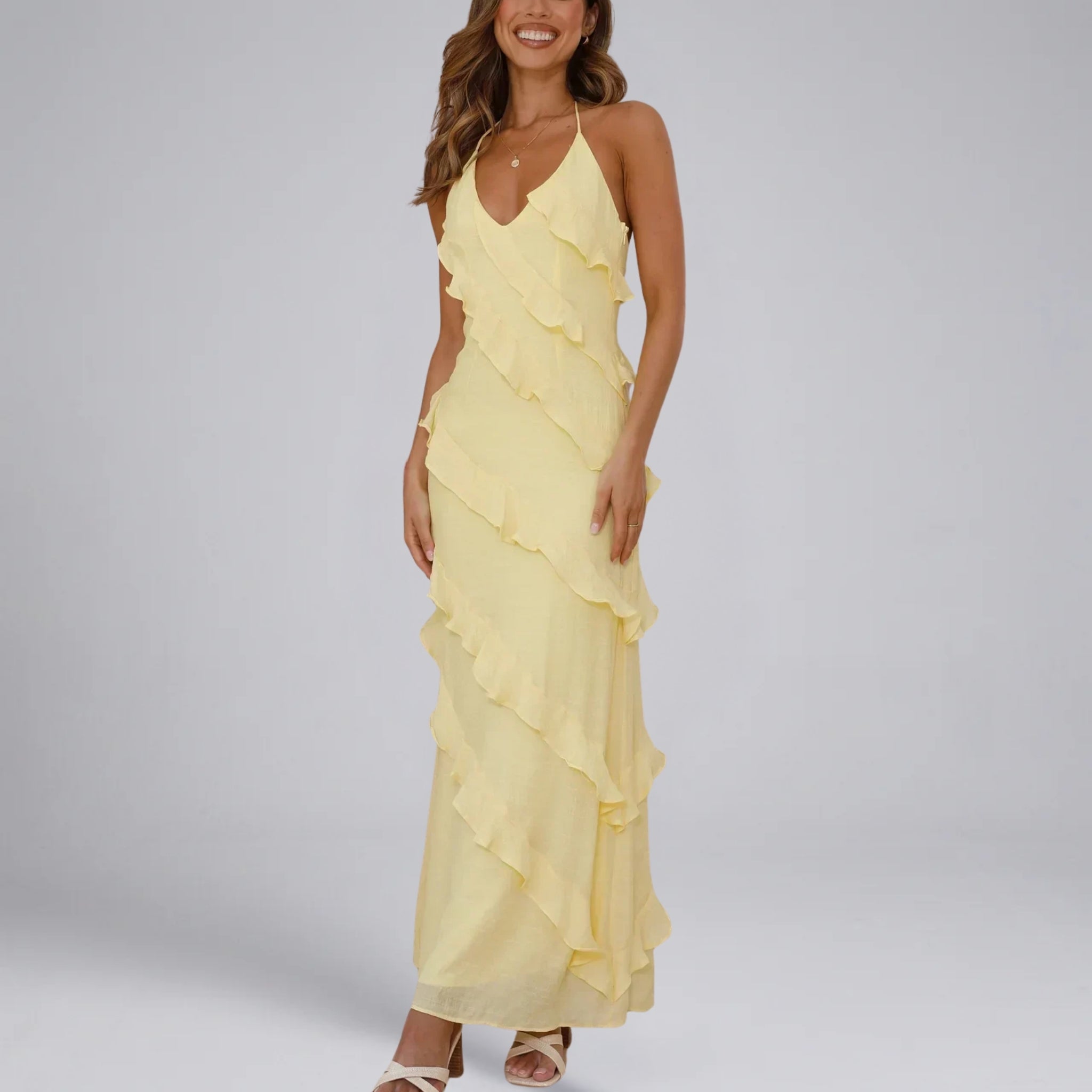 Women’s Ruffled Maxi Dress with Cascading Tiers and Slim Straps