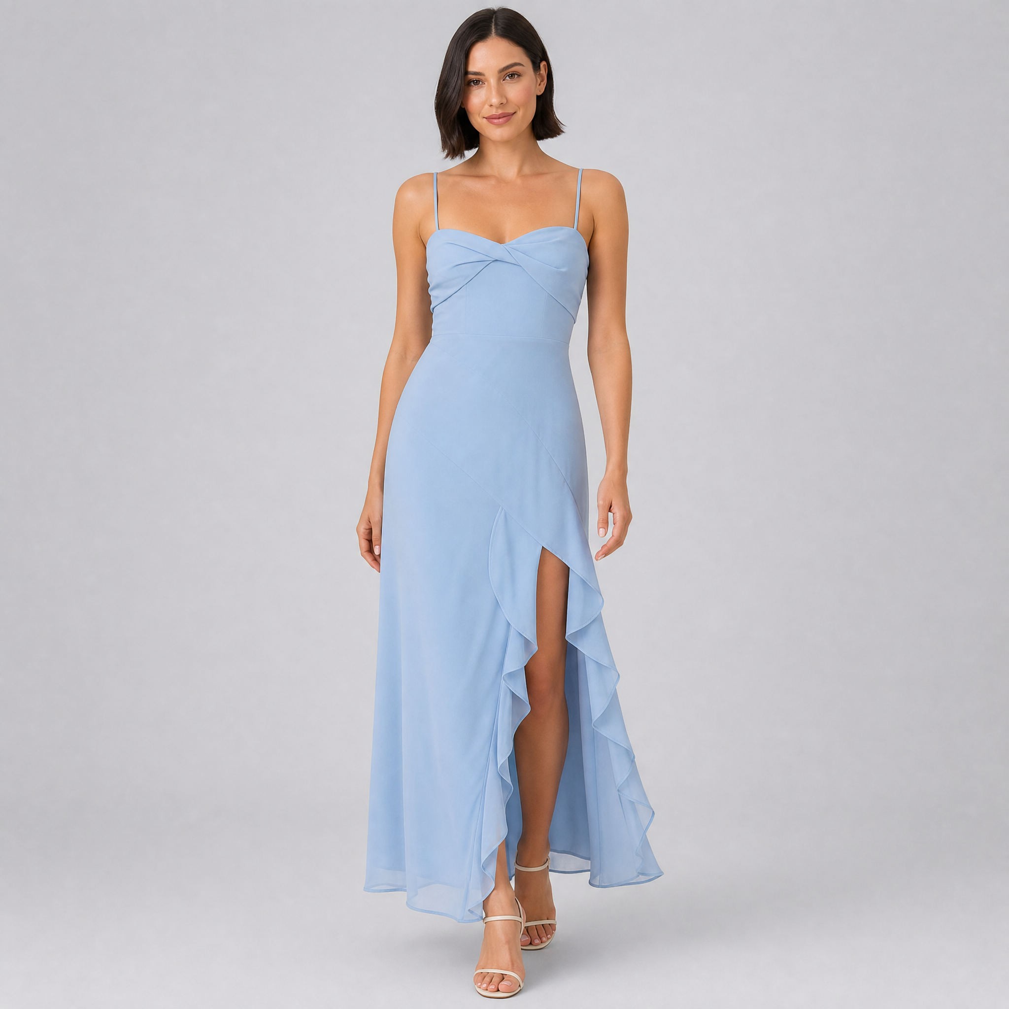 Women’s Ruffled-Slit Maxi Dress with Sweetheart Neckline and Slim Straps
