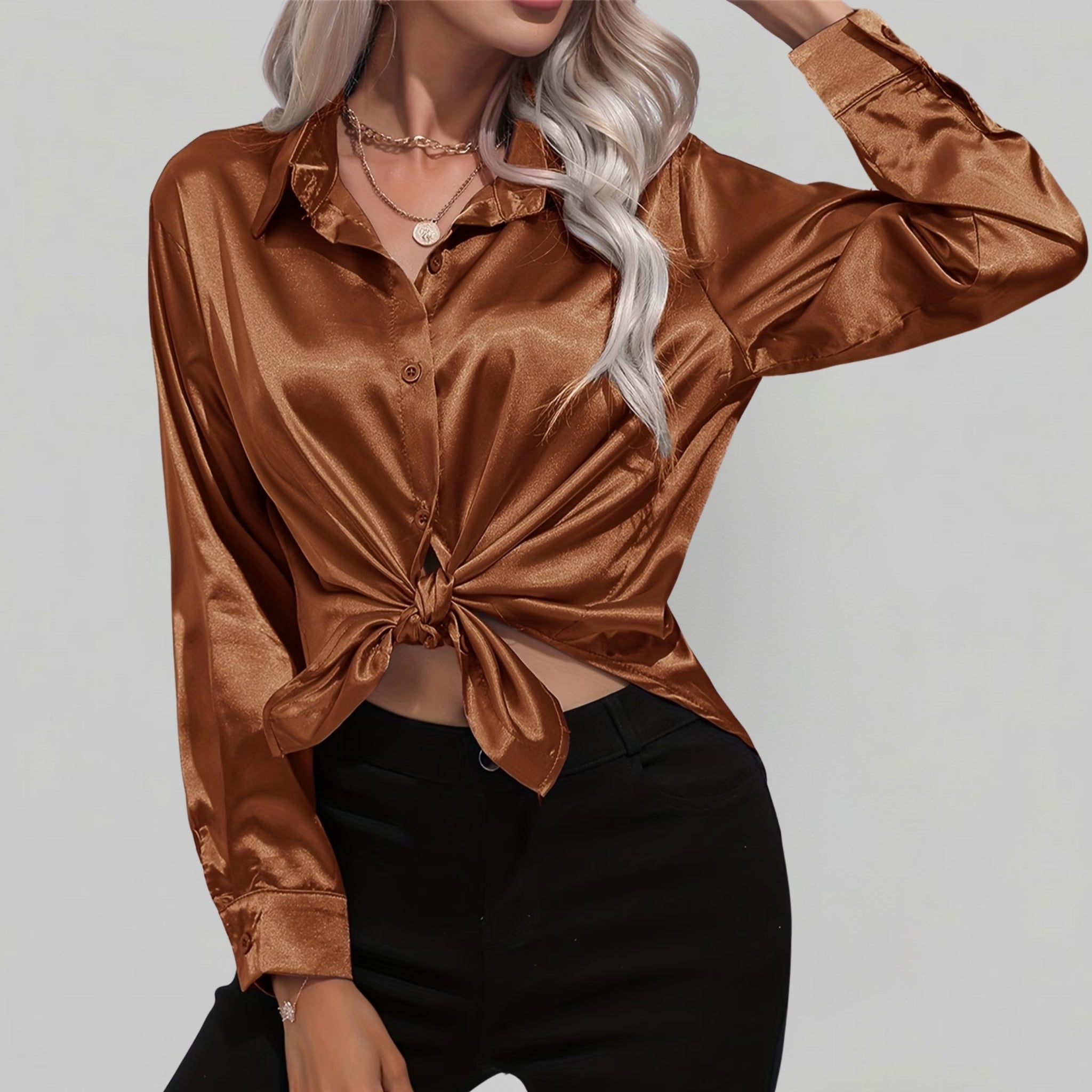 Women’s Satin-Finish Long-Sleeve Button-Down Shirt