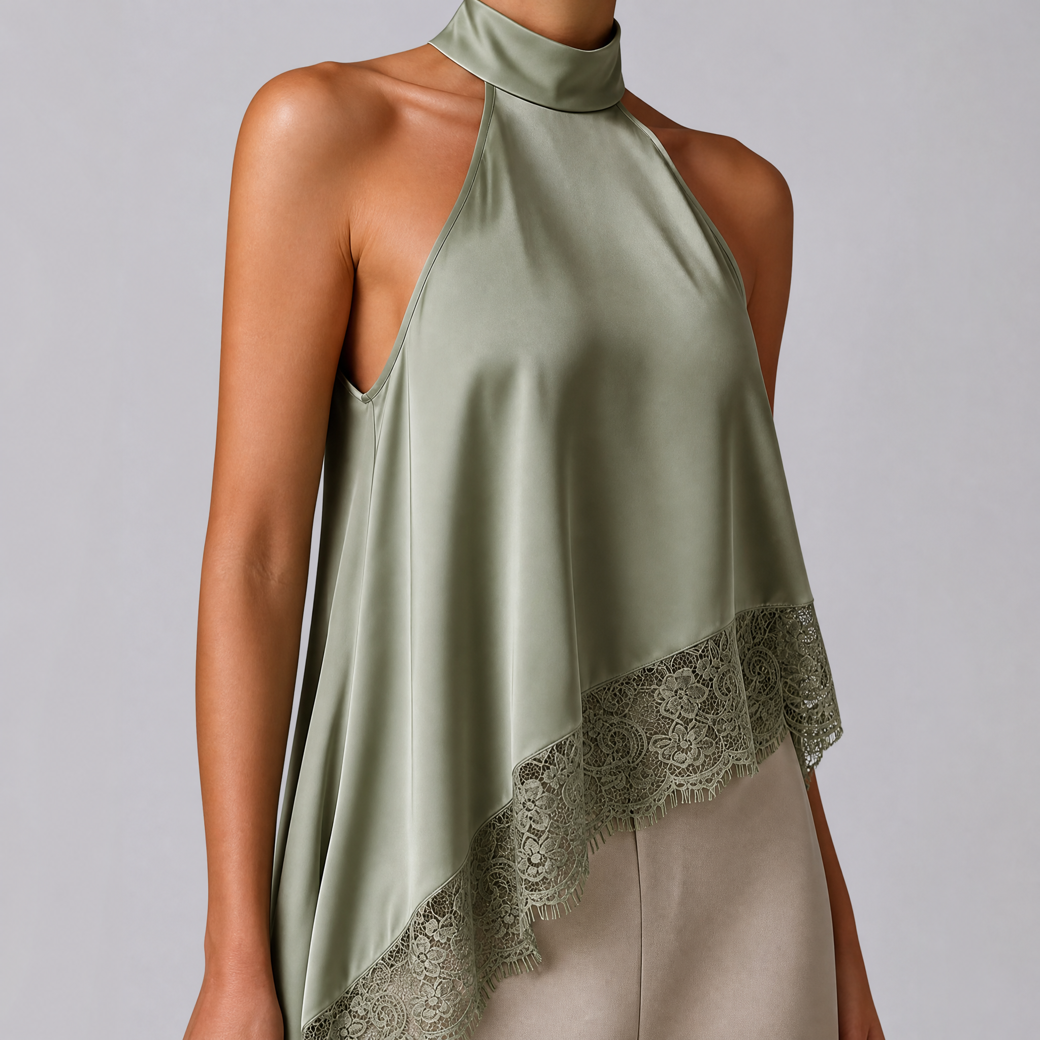Women's Satin Lace Halter Neck Top – Elegant Going Out Top