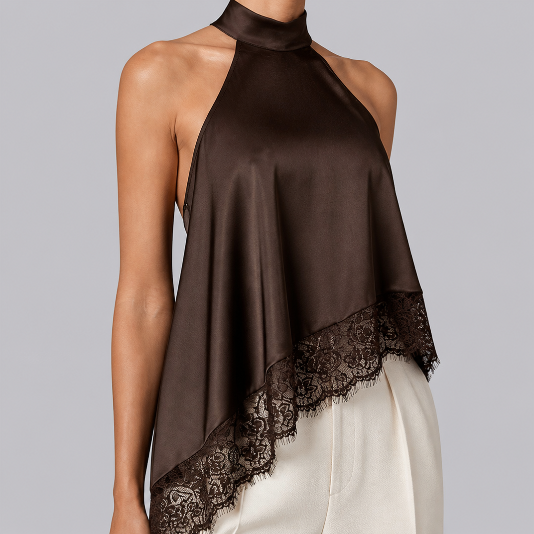 Women's Satin Lace Halter Neck Top – Elegant Going Out Top