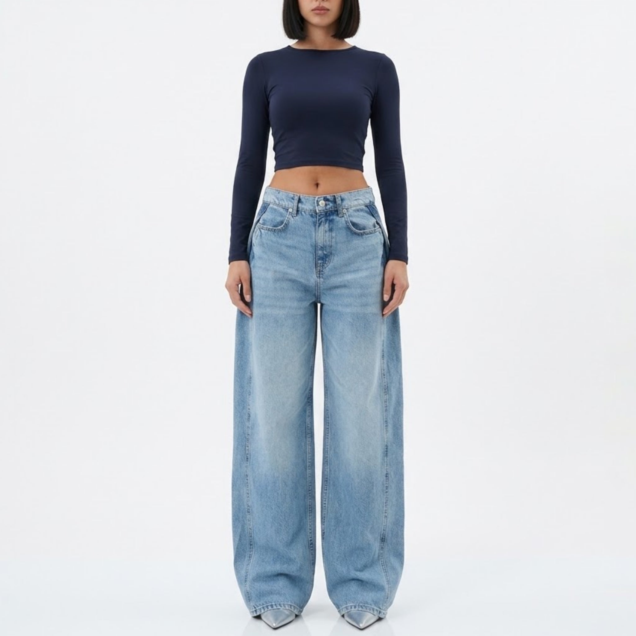 Women’s Sculptural Pleated-Wing Wide-Leg Jeans