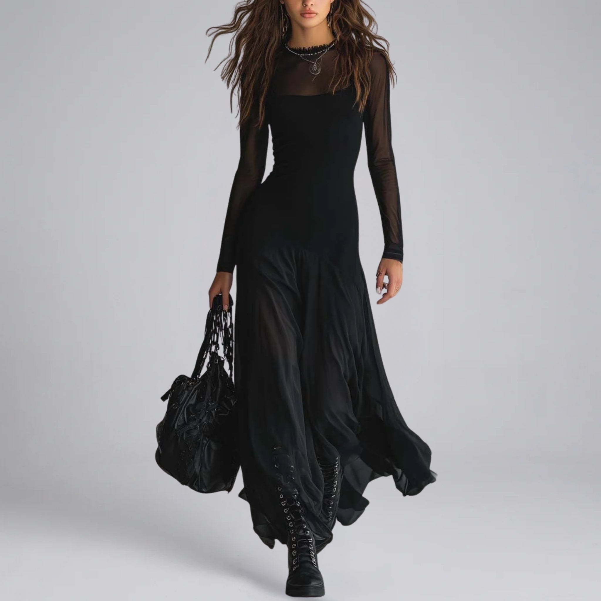 Women’s Sheer-Sleeve Layered Spring Maxi Dress