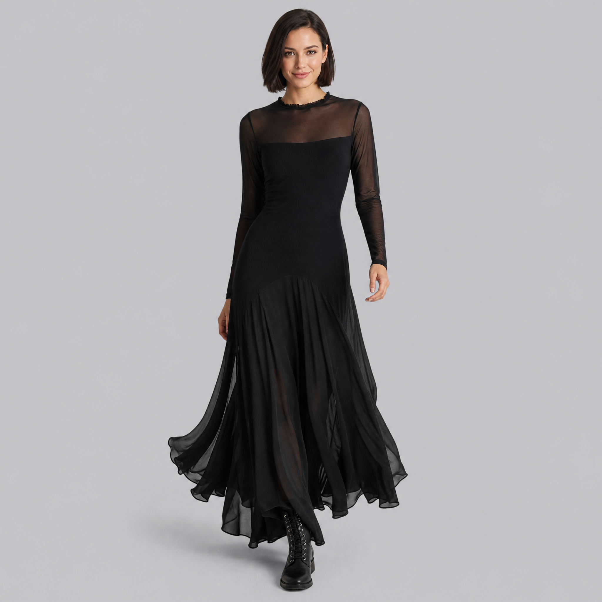Women’s Sheer-Sleeve Layered Spring Maxi Dress