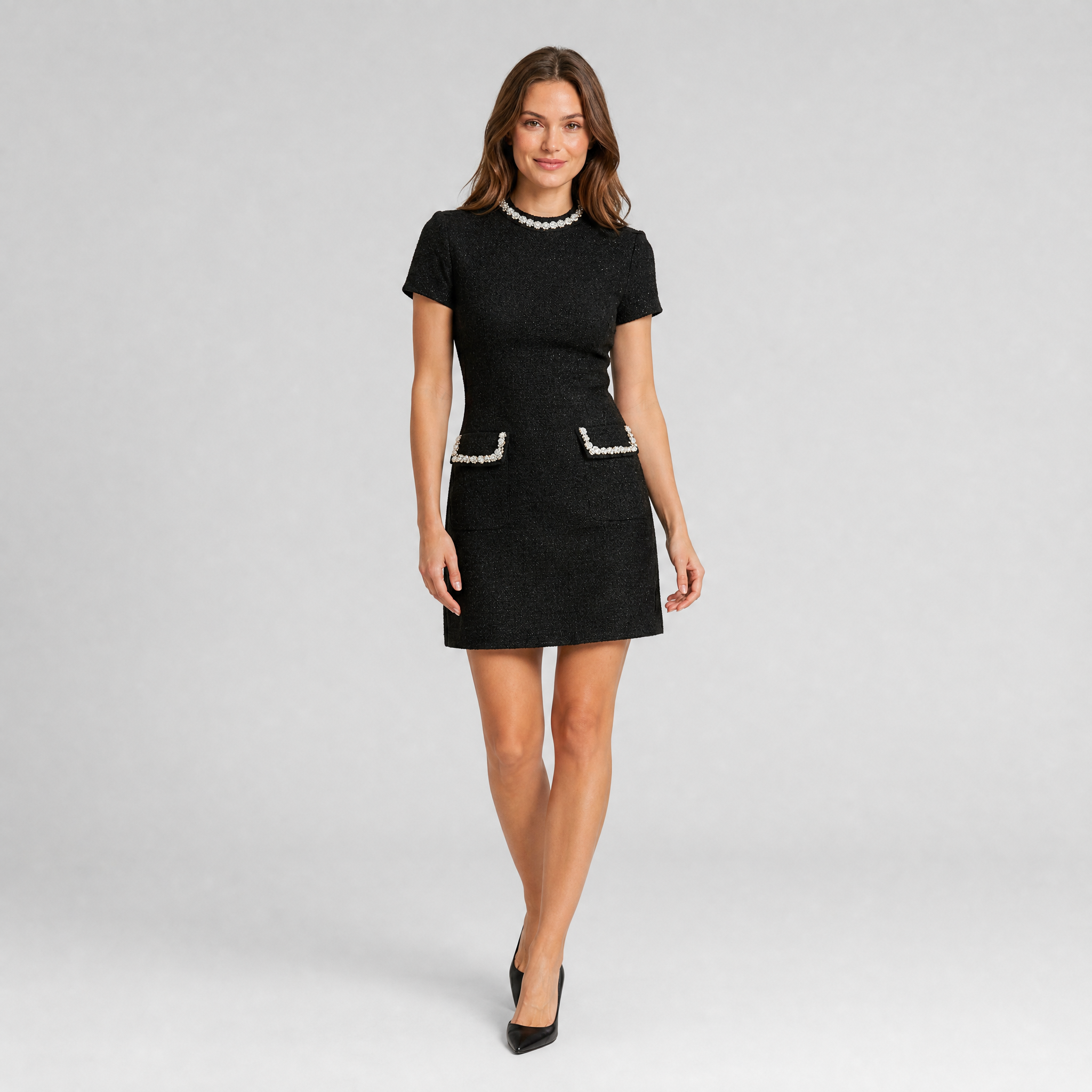 Women’s Short-Sleeve Mini Dress with Pearl Trim and Pockets