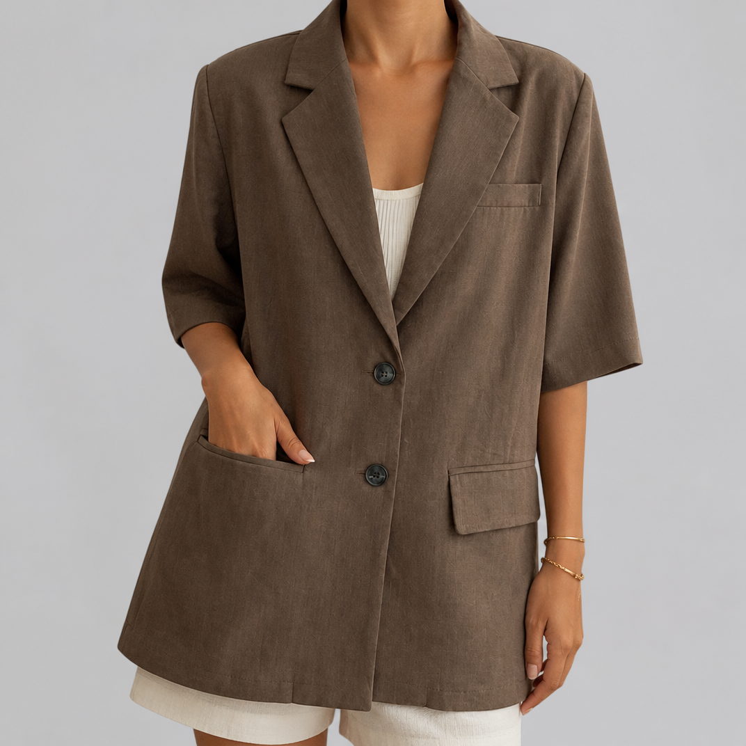 Women’s Smart-Casual Charcoal Short-Sleeve Linen Blazer
