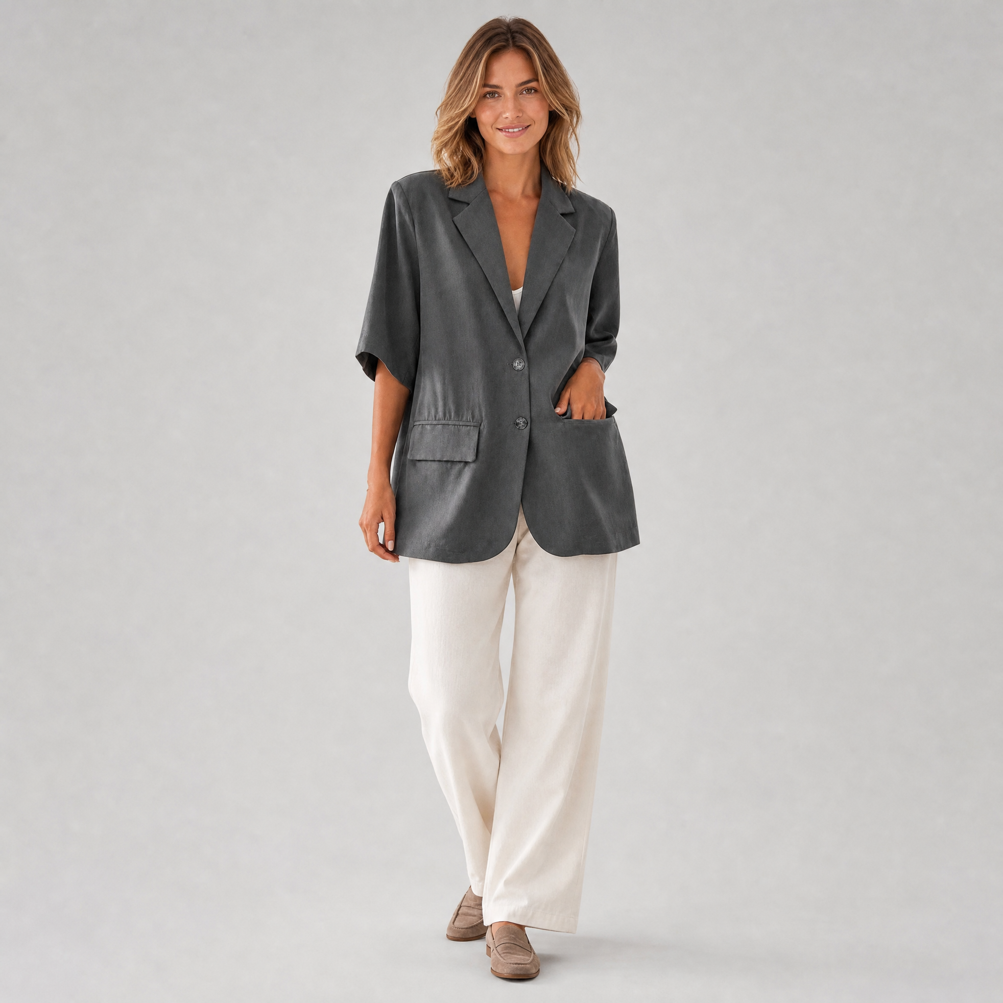 Women’s Smart-Casual Charcoal Short-Sleeve Linen Blazer