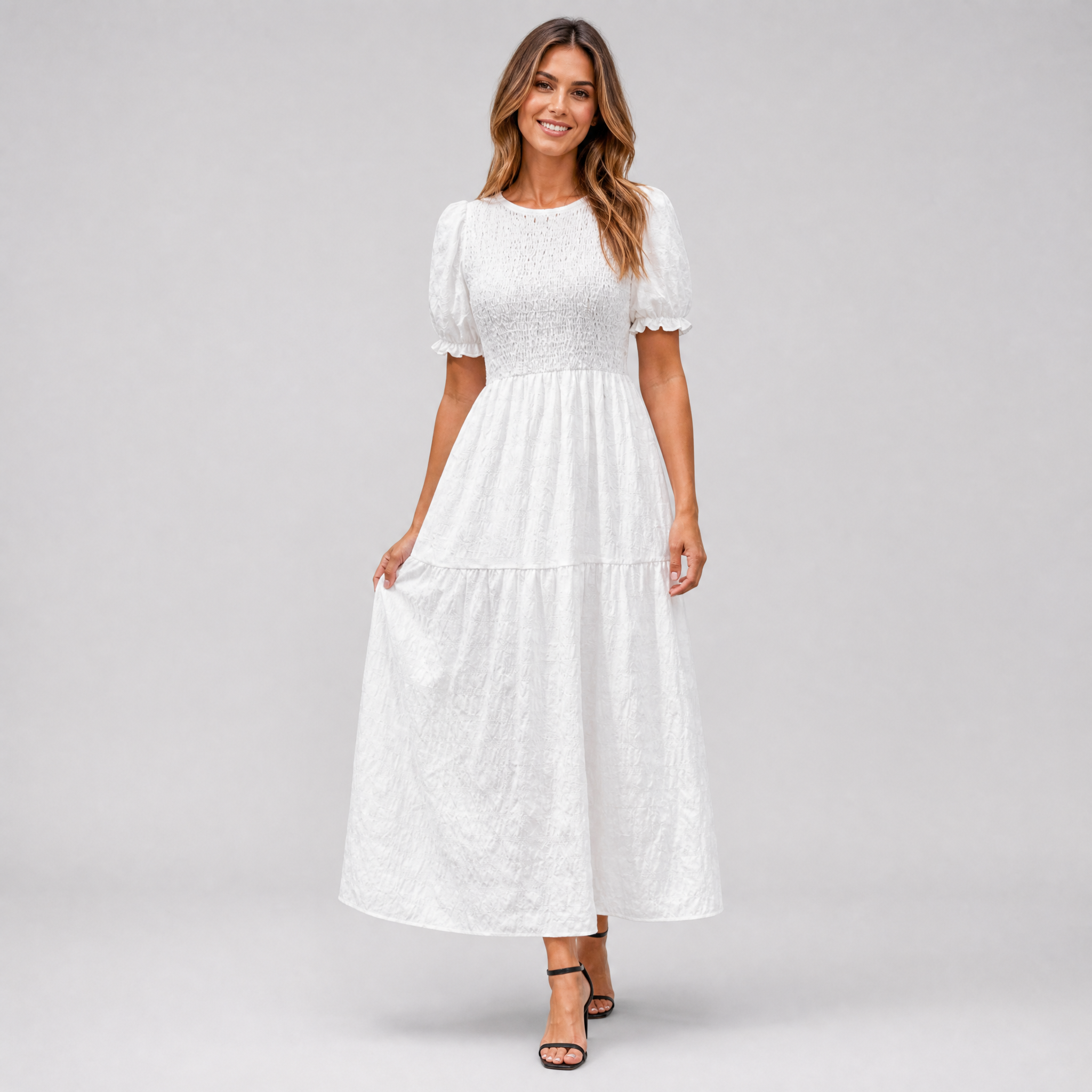 Women’s Smocked Puff-Sleeve Midi Dress