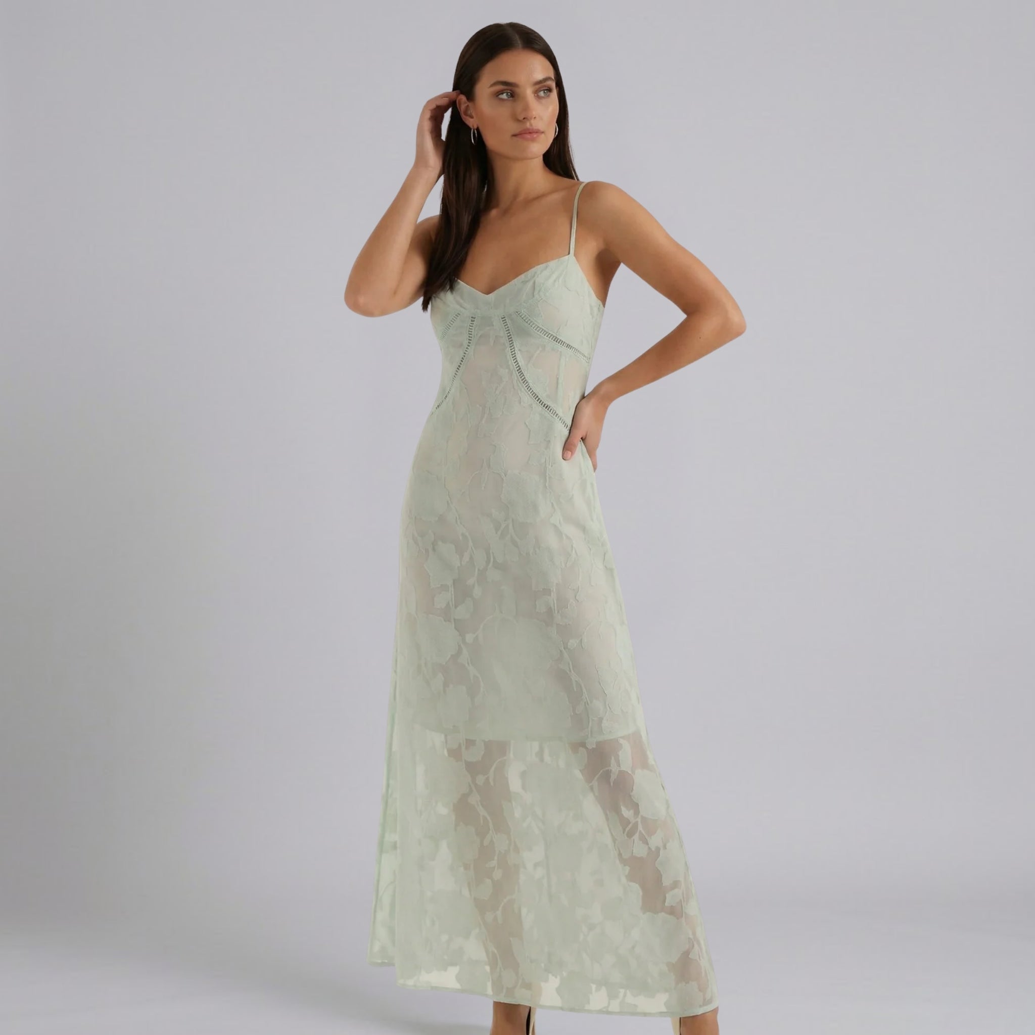 Women’s Spaghetti-Strap Floral-Jacquard Lace-Trim Maxi Dress