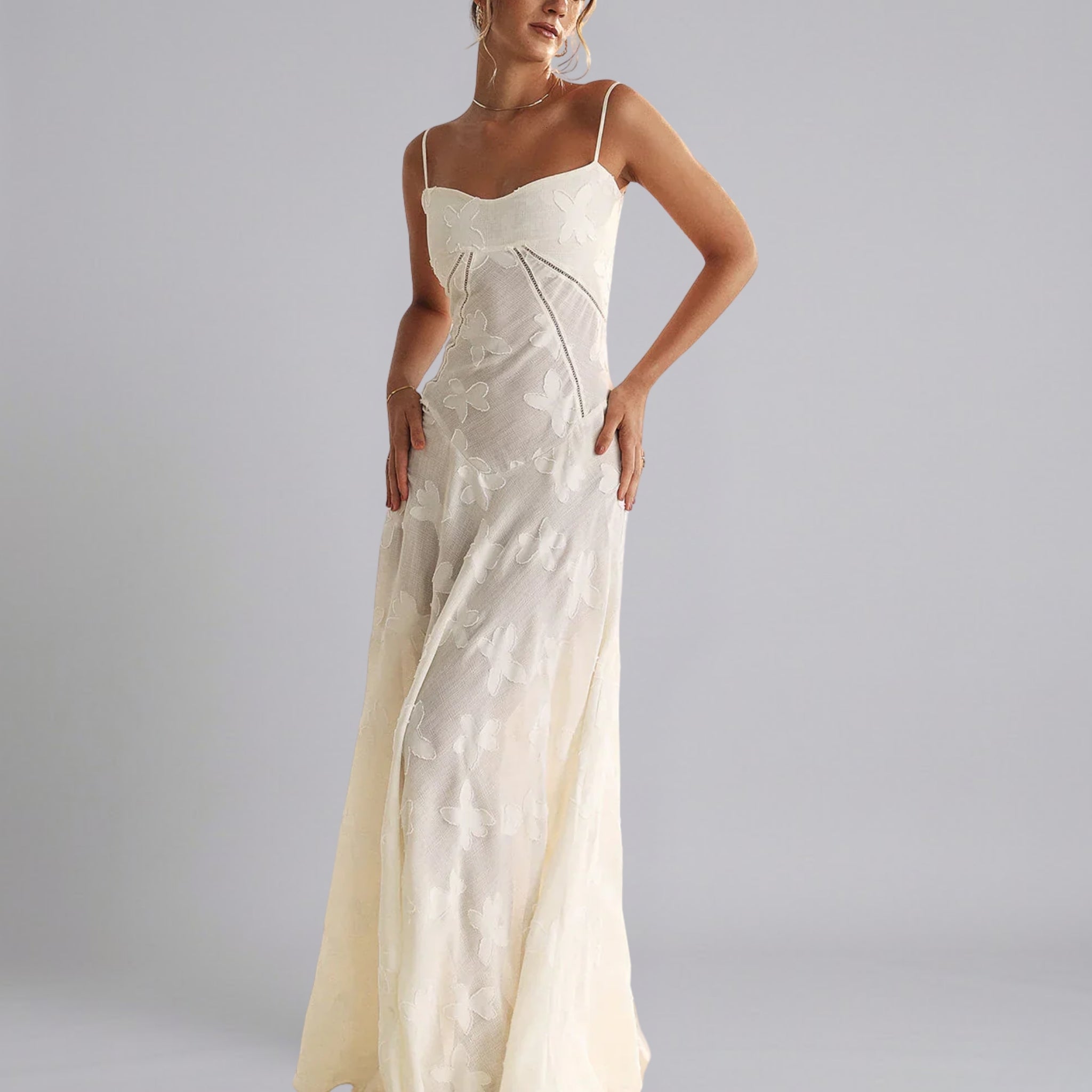 Women’s Spaghetti-Strap Floral-Jacquard Lace-Trim Maxi Dress