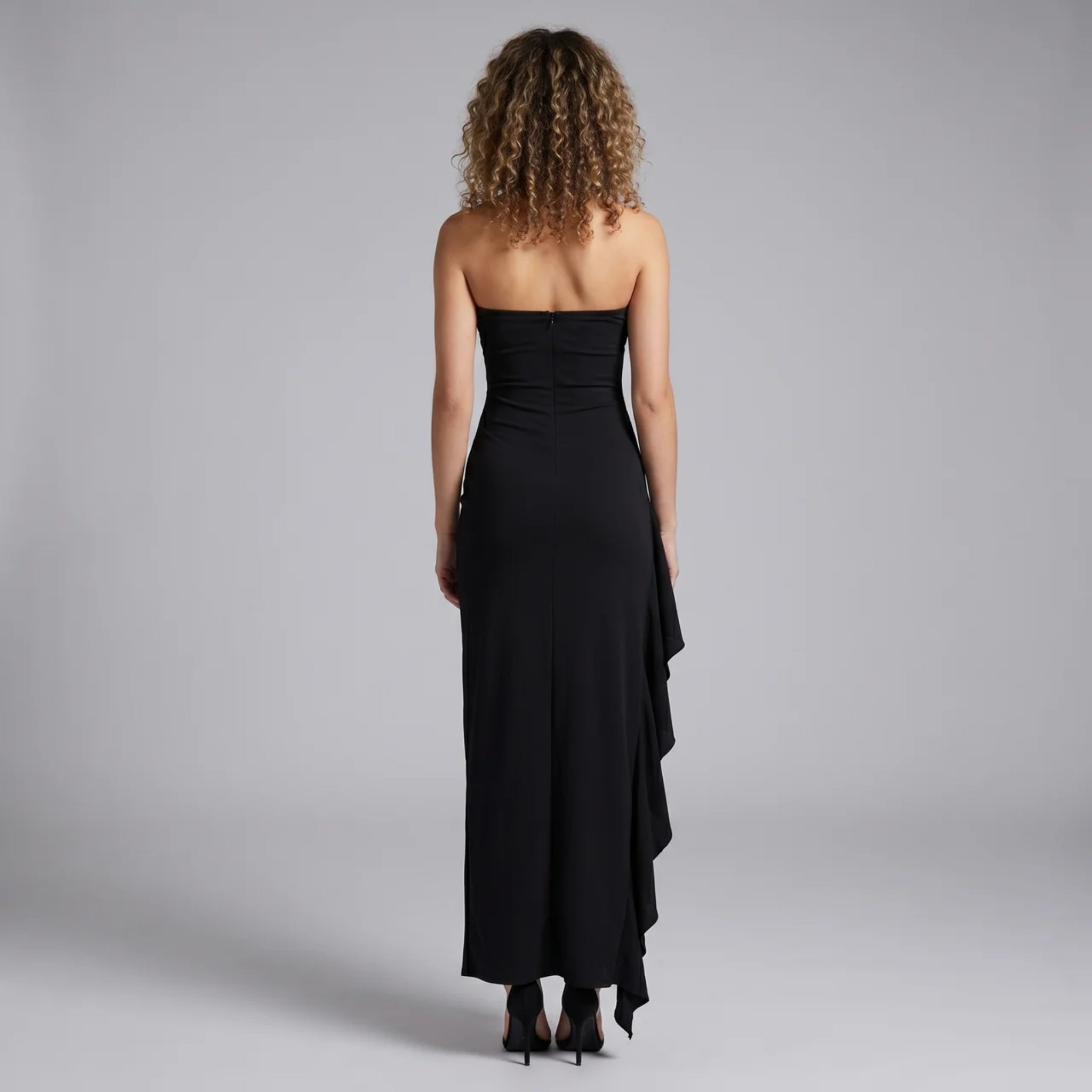 Women’s Strapless Ruched High-Slit Ruffle Maxi Dress