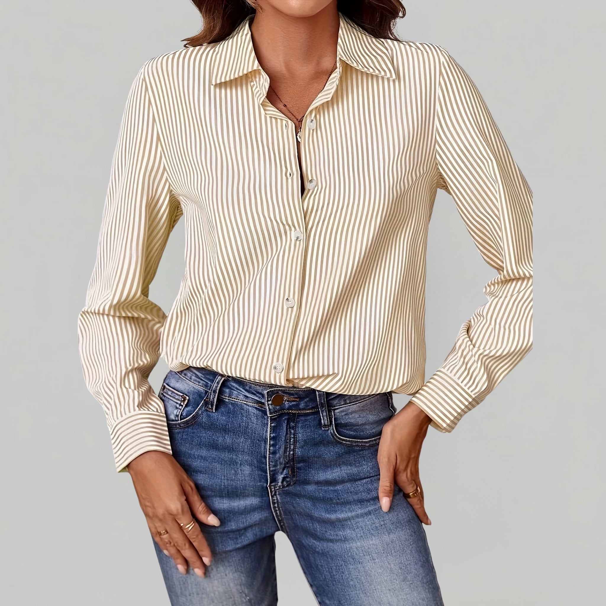 Women’s Striped Button-Down Shirt with Point Collar and Curved Hem