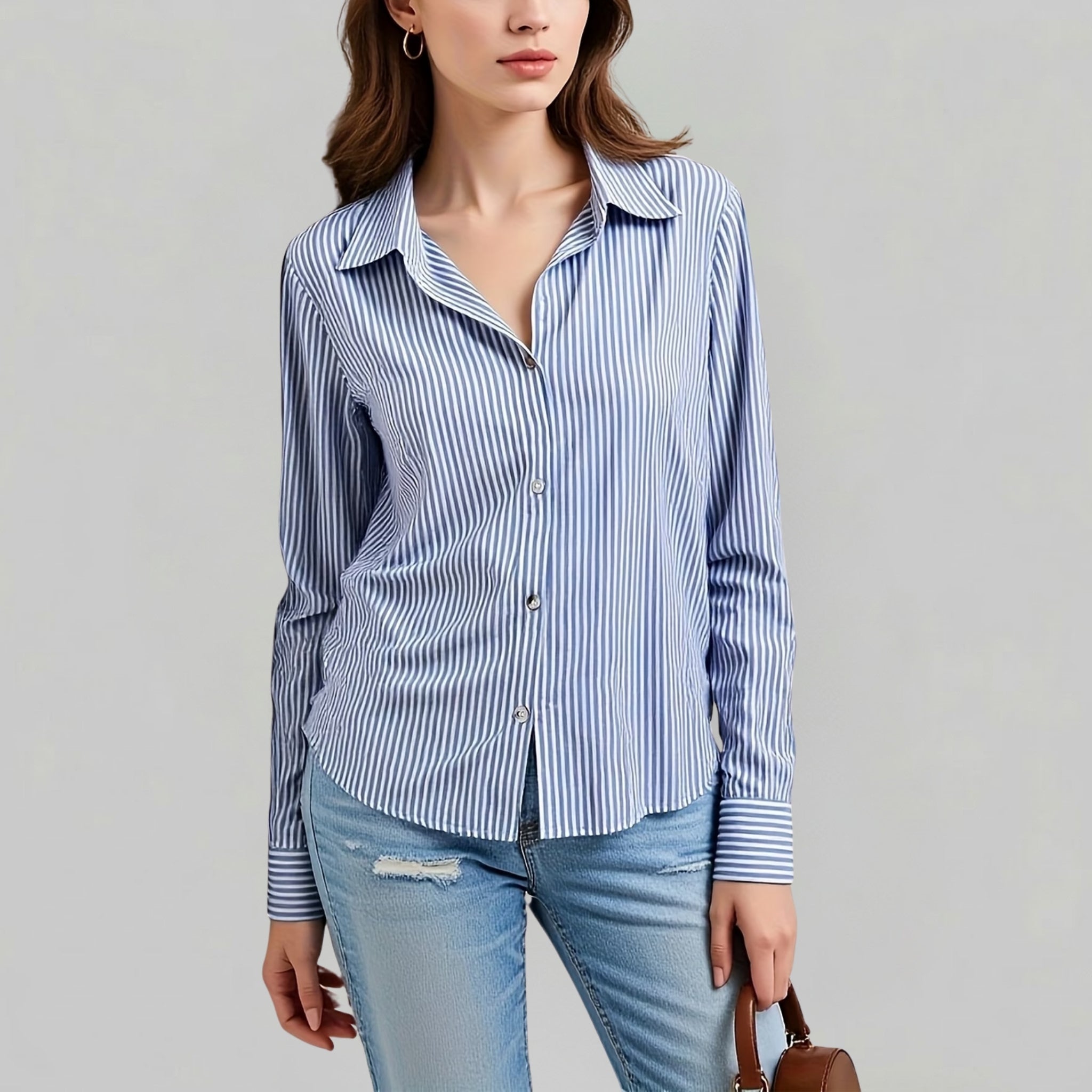 Women’s Striped Button-Down Shirt with Point Collar and Curved Hem