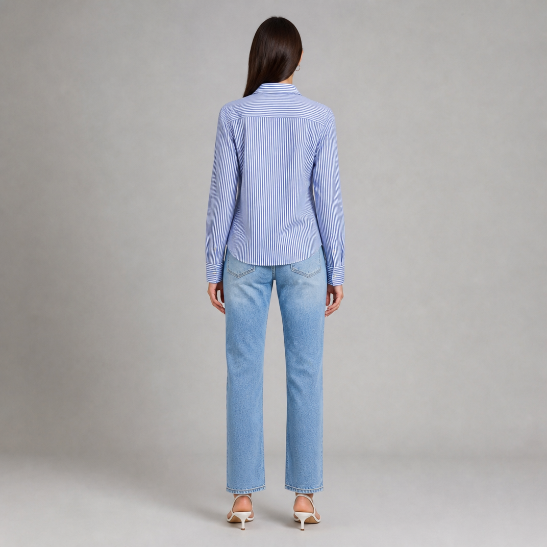 Women’s Striped Button-Down Shirt with Point Collar and Curved Hem