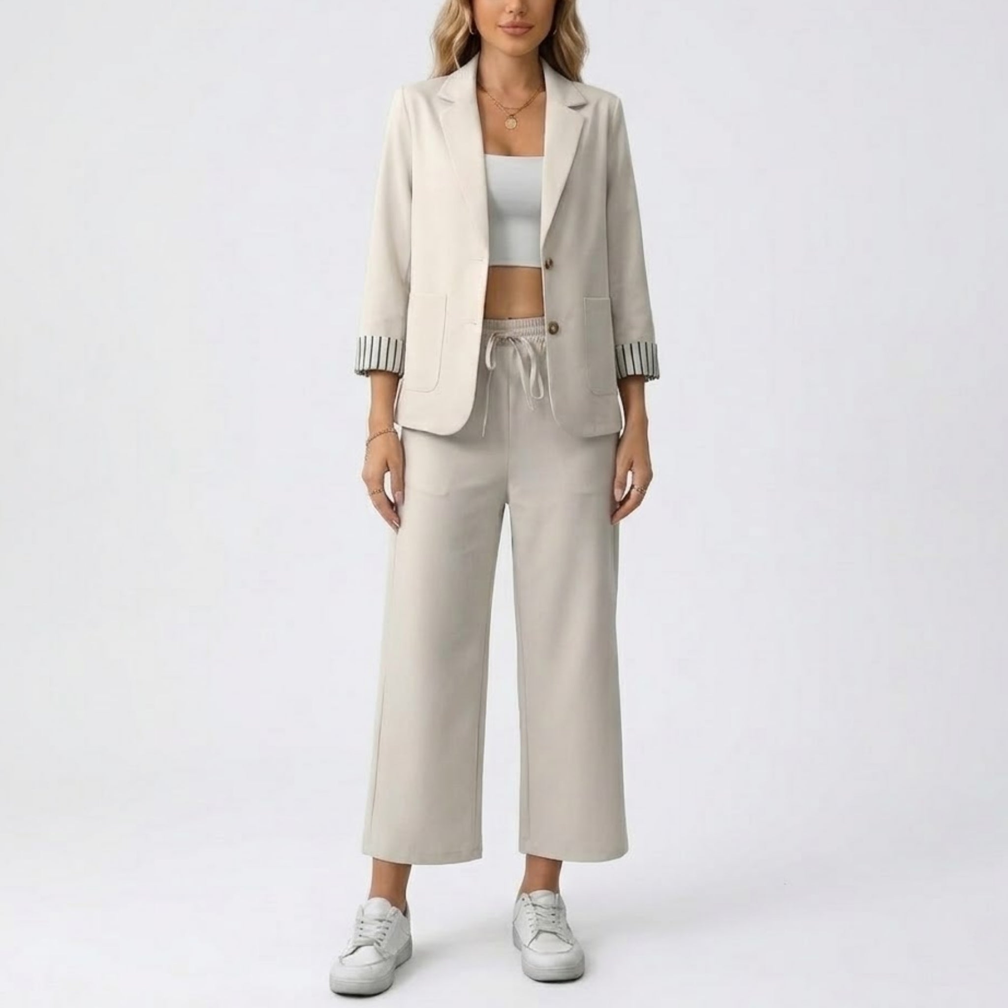 Women’s Striped-Cuff Blazer & Drawstring Trouser Set