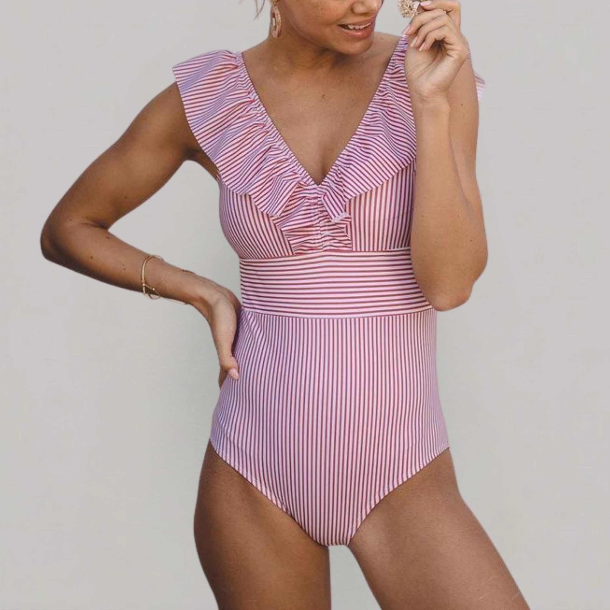 Women’s Striped One-Piece Swimsuit with Ruffle Trim
