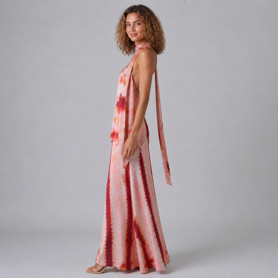 Women's Terracotta Printed Maxi Dress – Backless Occasion Dress