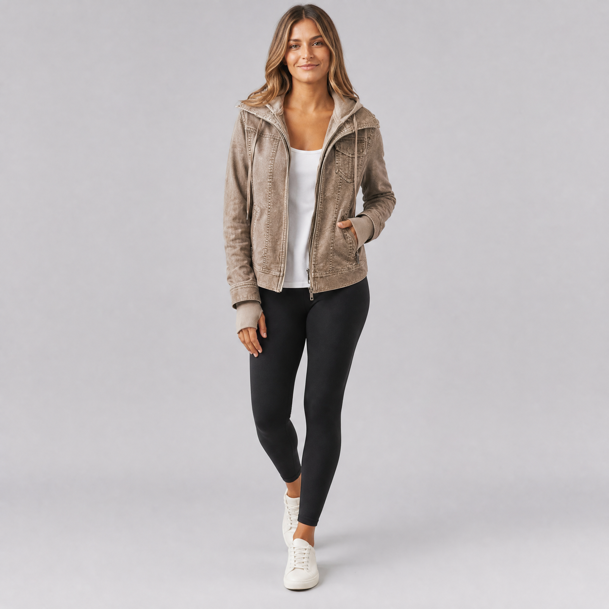 Women’s Textured Hooded Vegan Leather Spring Jacket