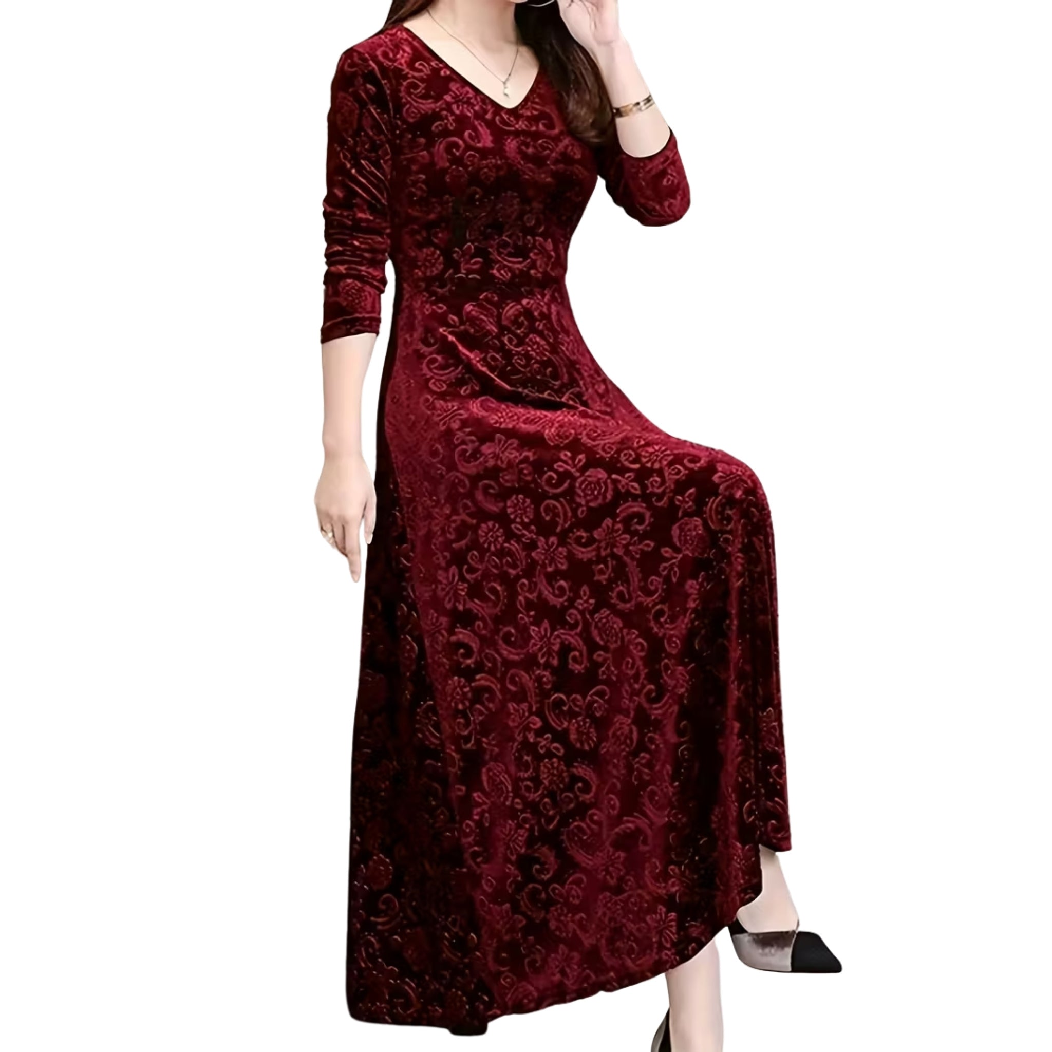 Women’s V-Neck Floral Velvet Maxi Dress