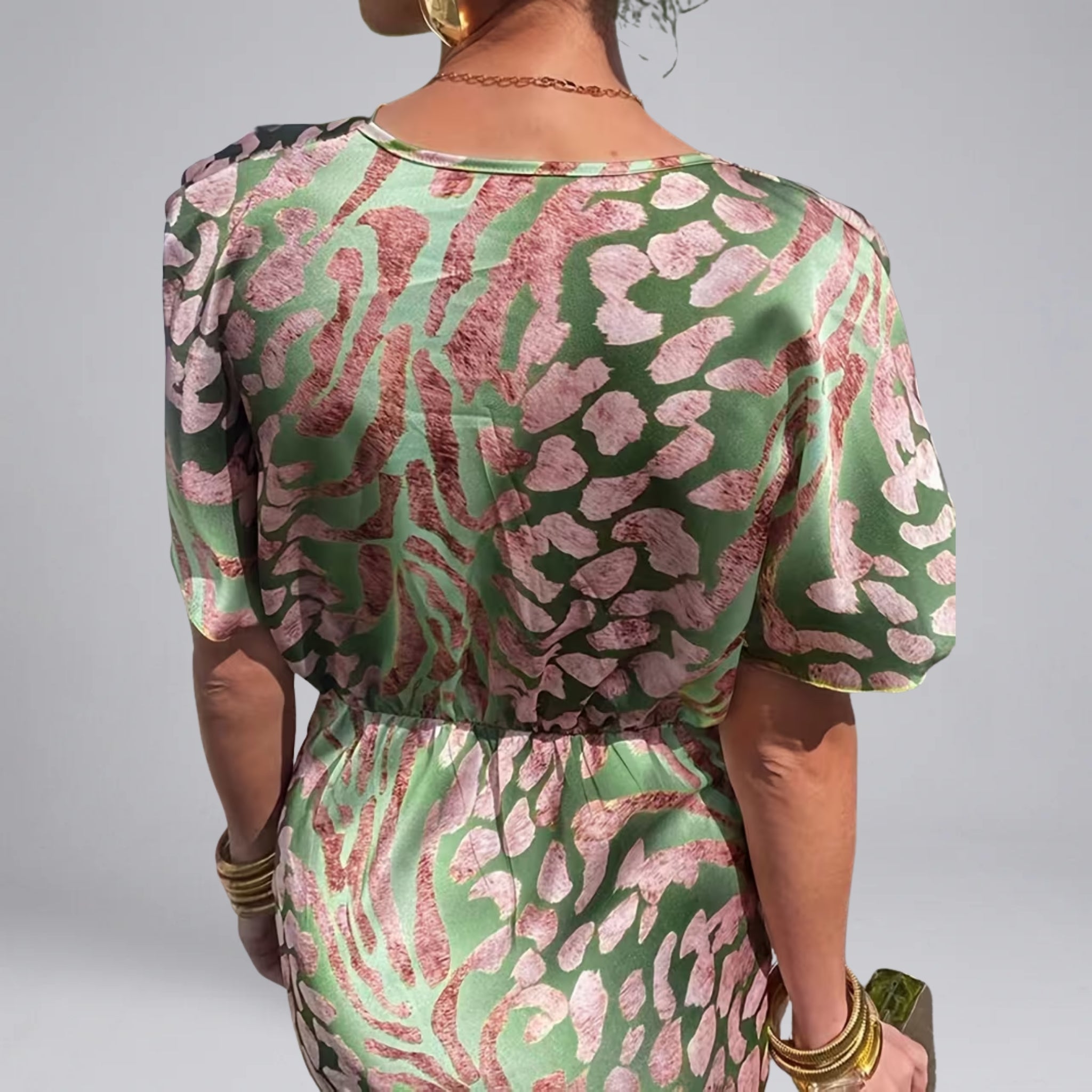 Women’s V-Neck Maxi Dress with Knot Detail and Abstract Print