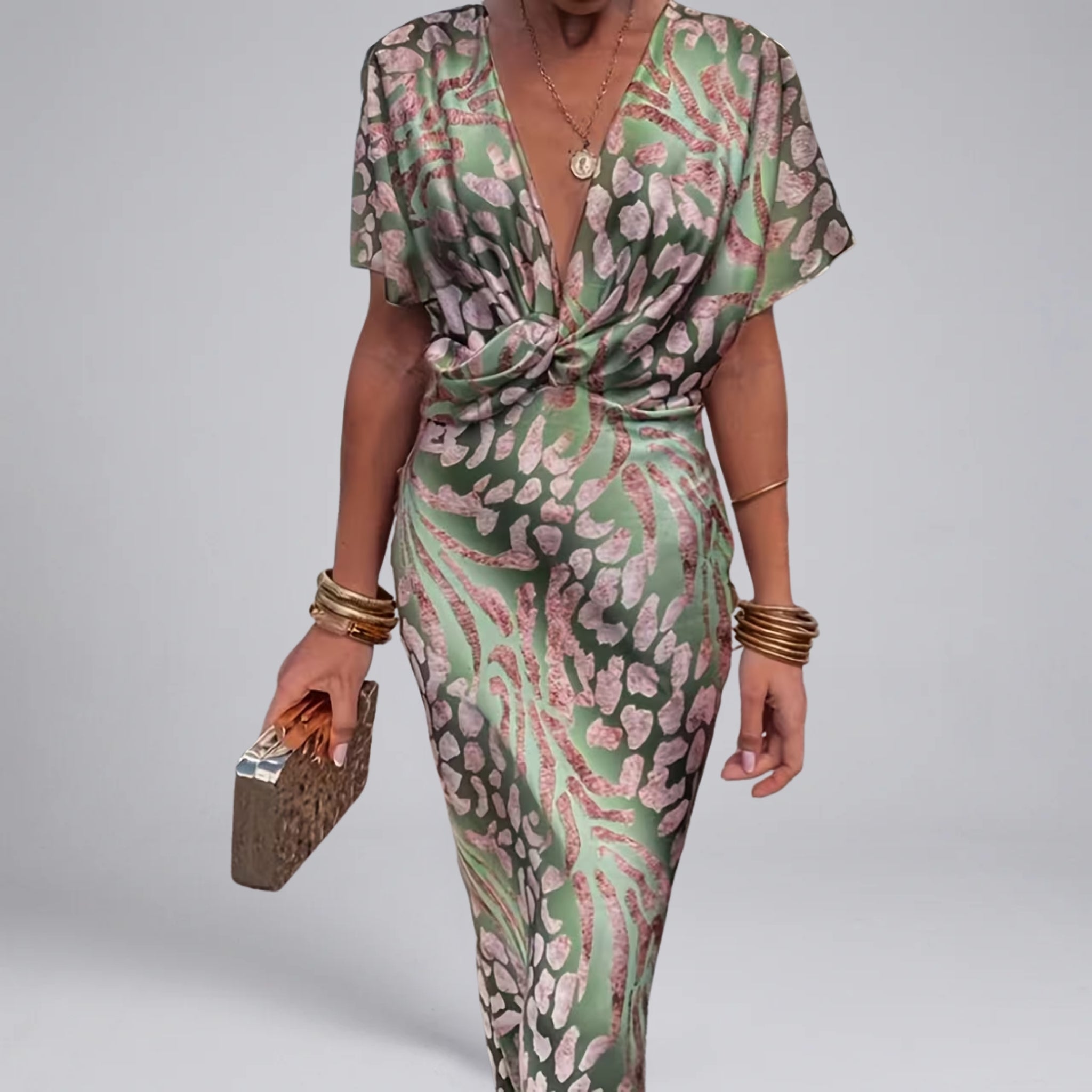 Women’s V-Neck Maxi Dress with Knot Detail and Abstract Print