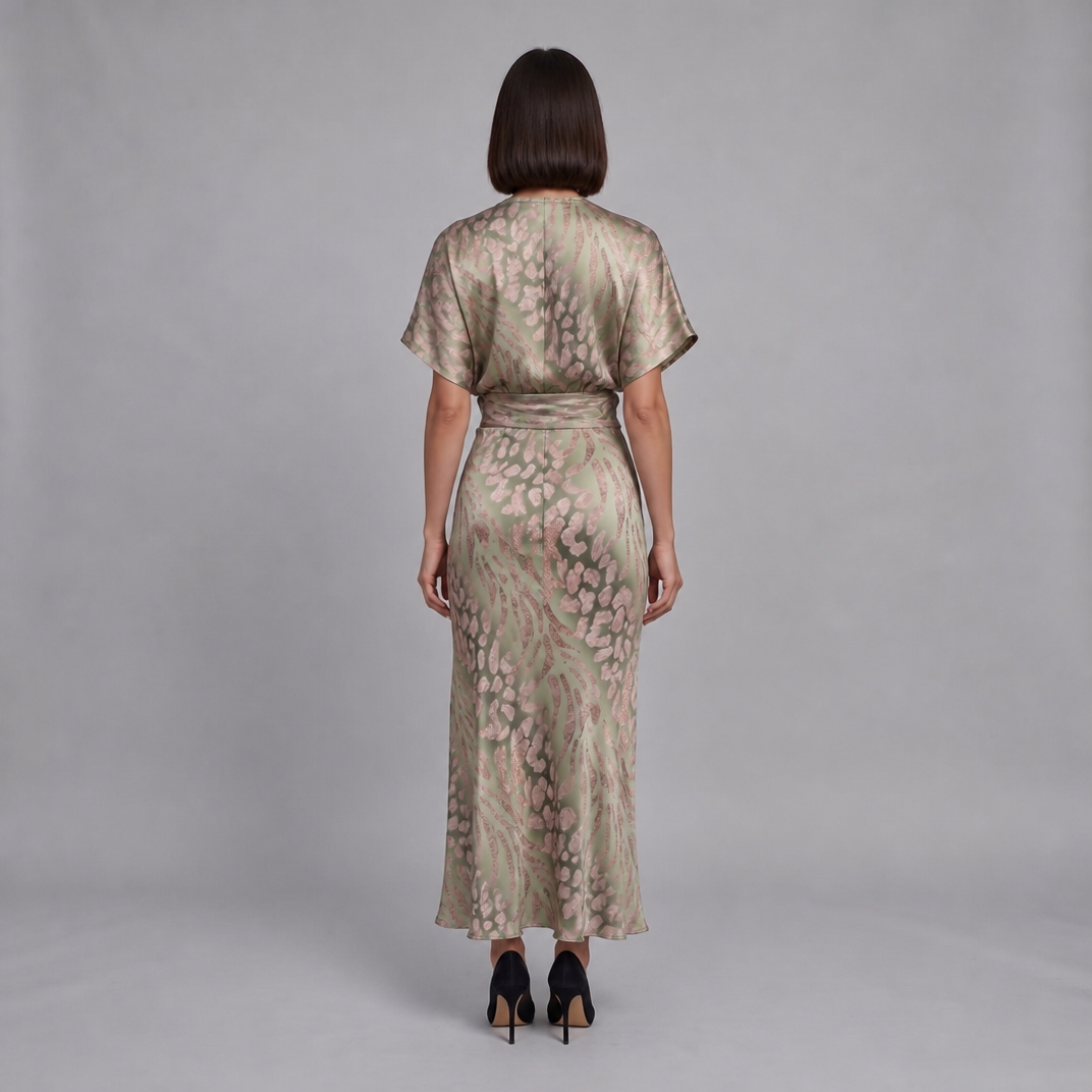 Women’s V-Neck Maxi Dress with Knot Detail and Abstract Print