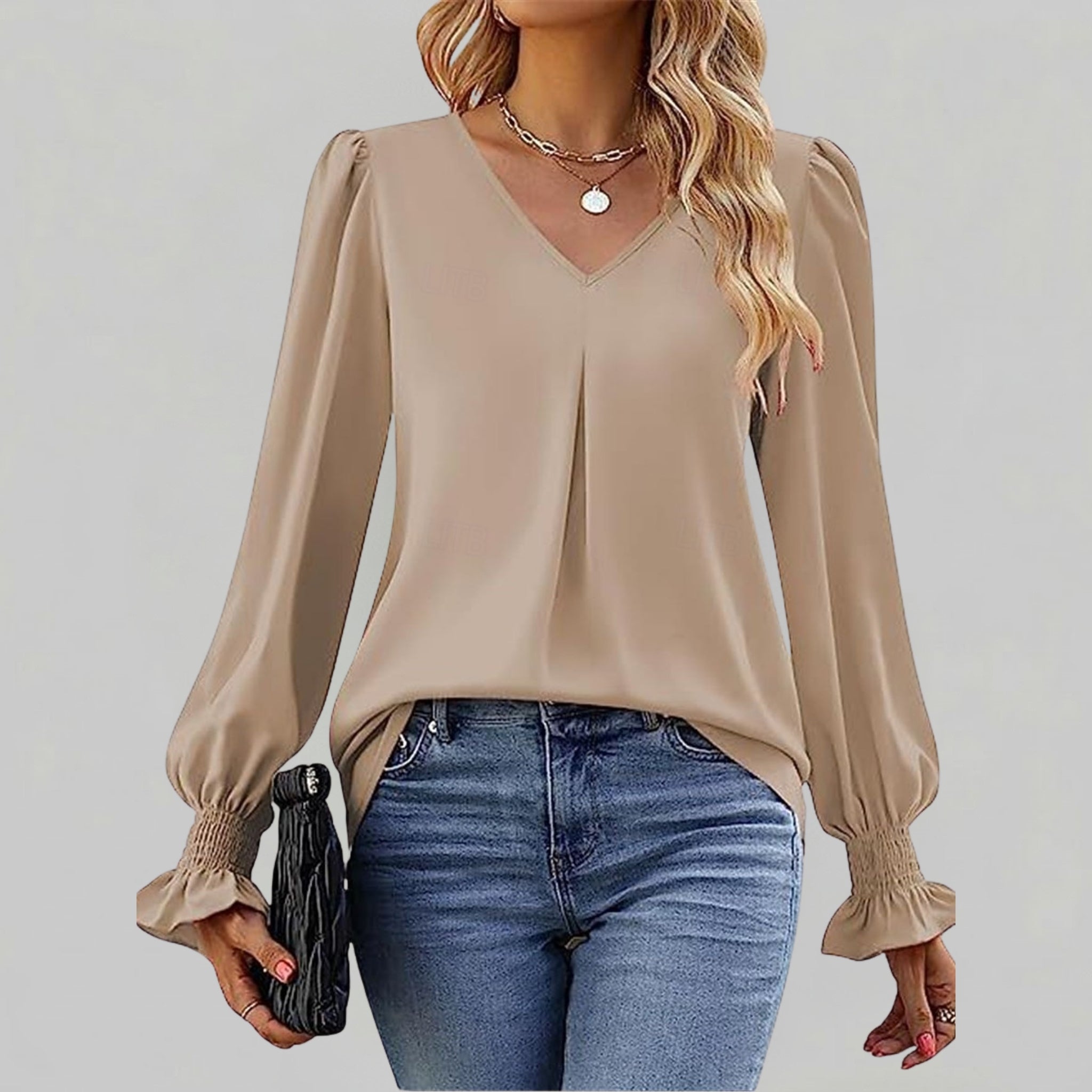 Women’s V-Neck Ruffled Smocked Cuffs Shirt