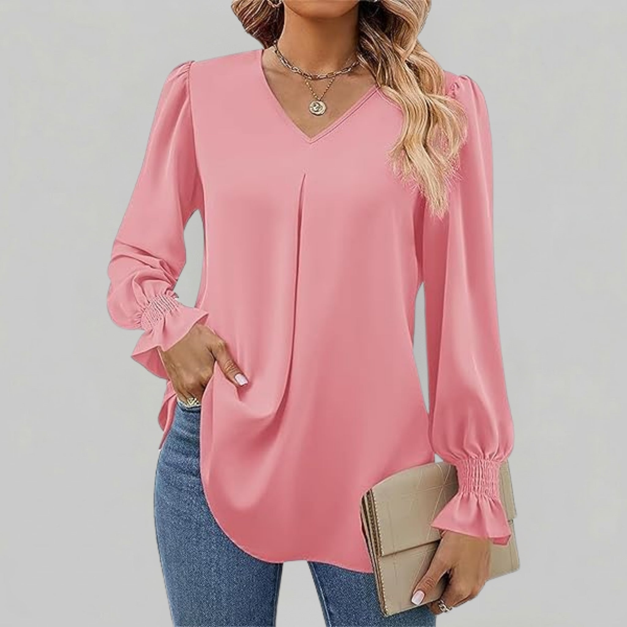 Women’s V-Neck Ruffled Smocked Cuffs Shirt