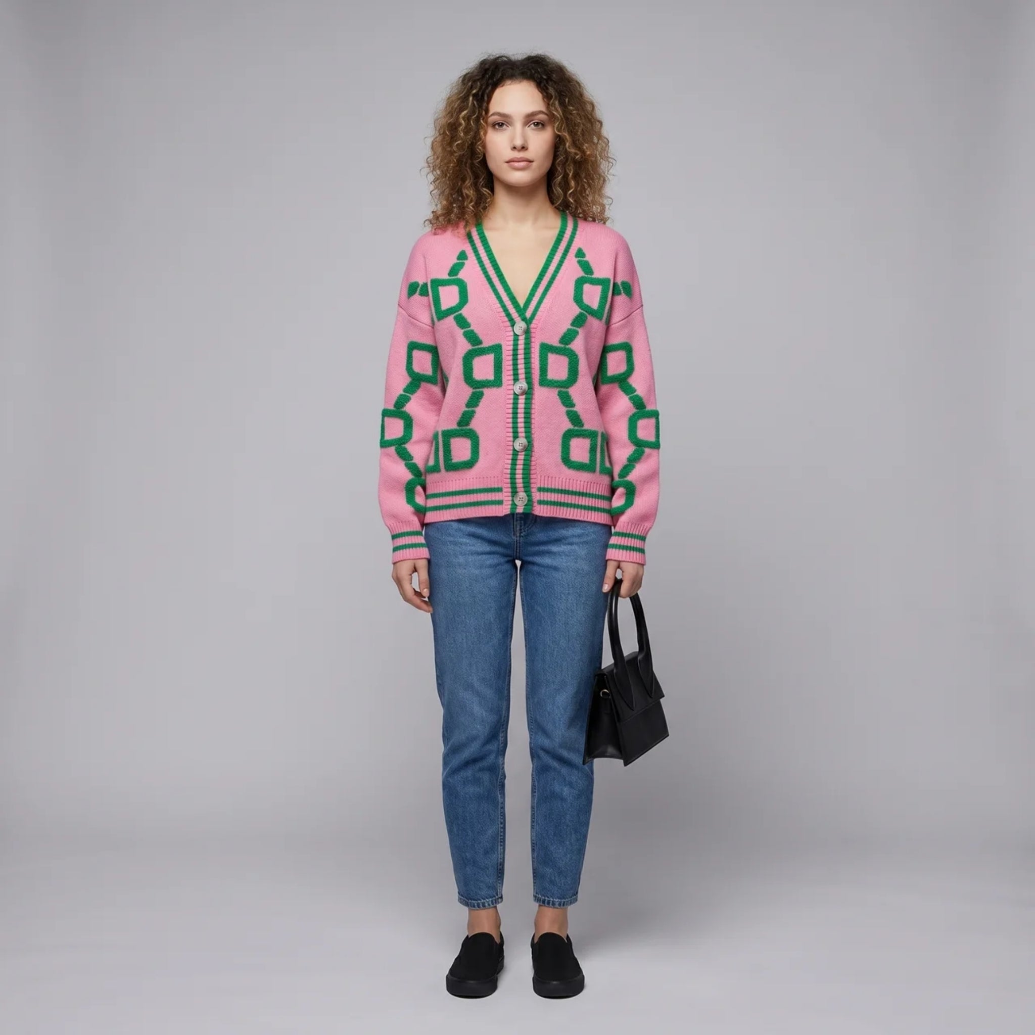 Women’s V-Neck Textured Geometric Cardigan