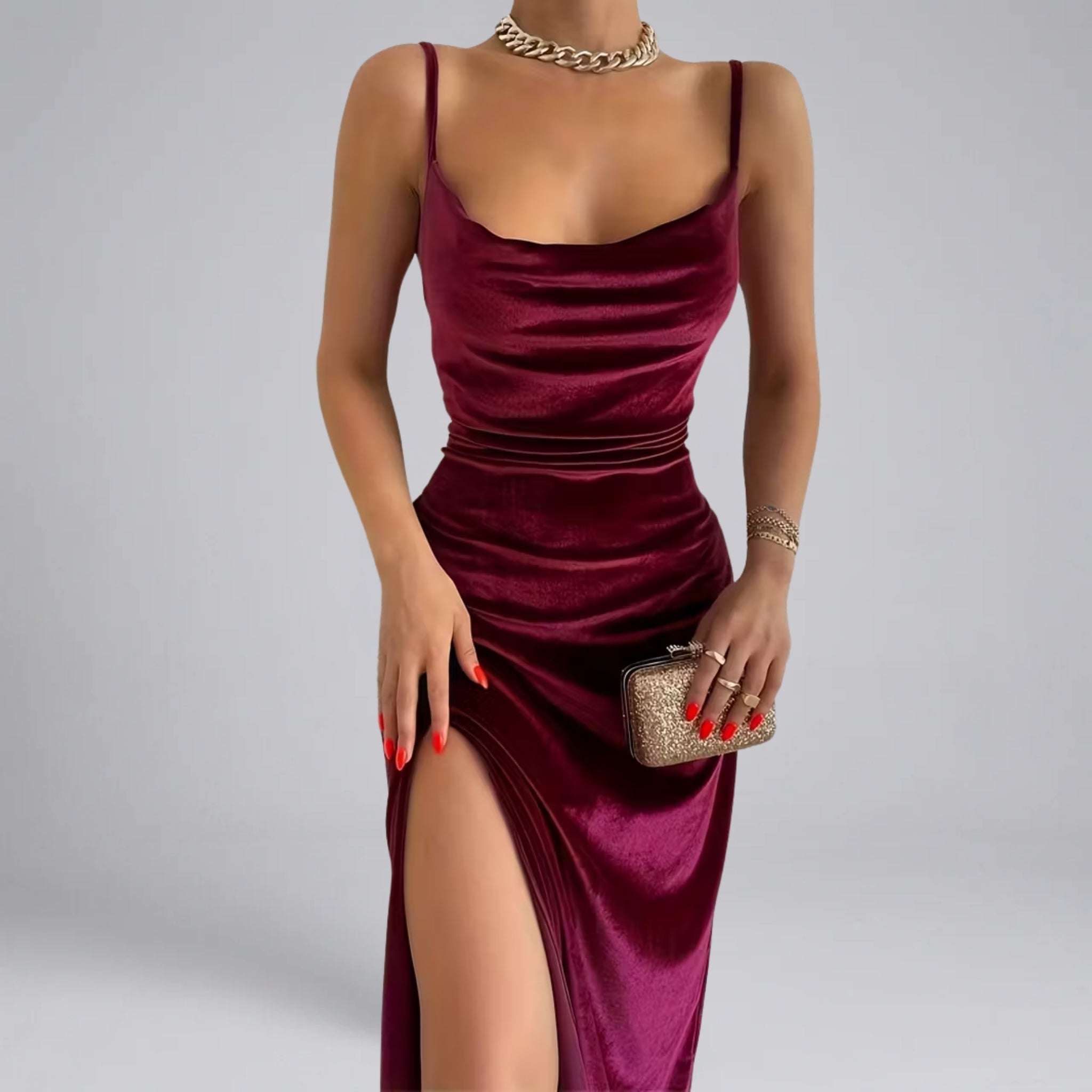 Women’s Velvet Cowl-Neck Maxi Dress with High Slit